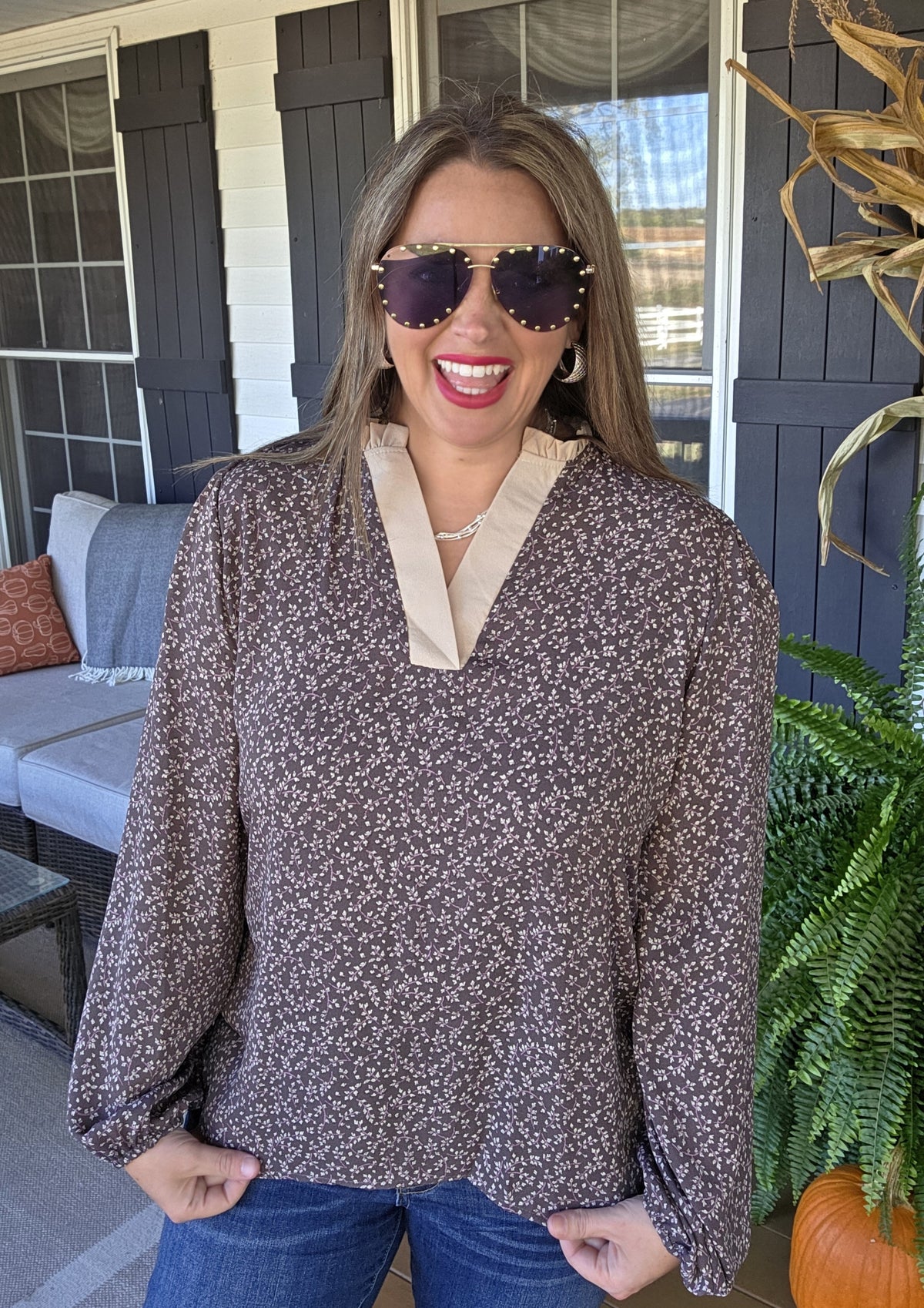 CHARCOAL FLORAL PRINT WOVEN TOP