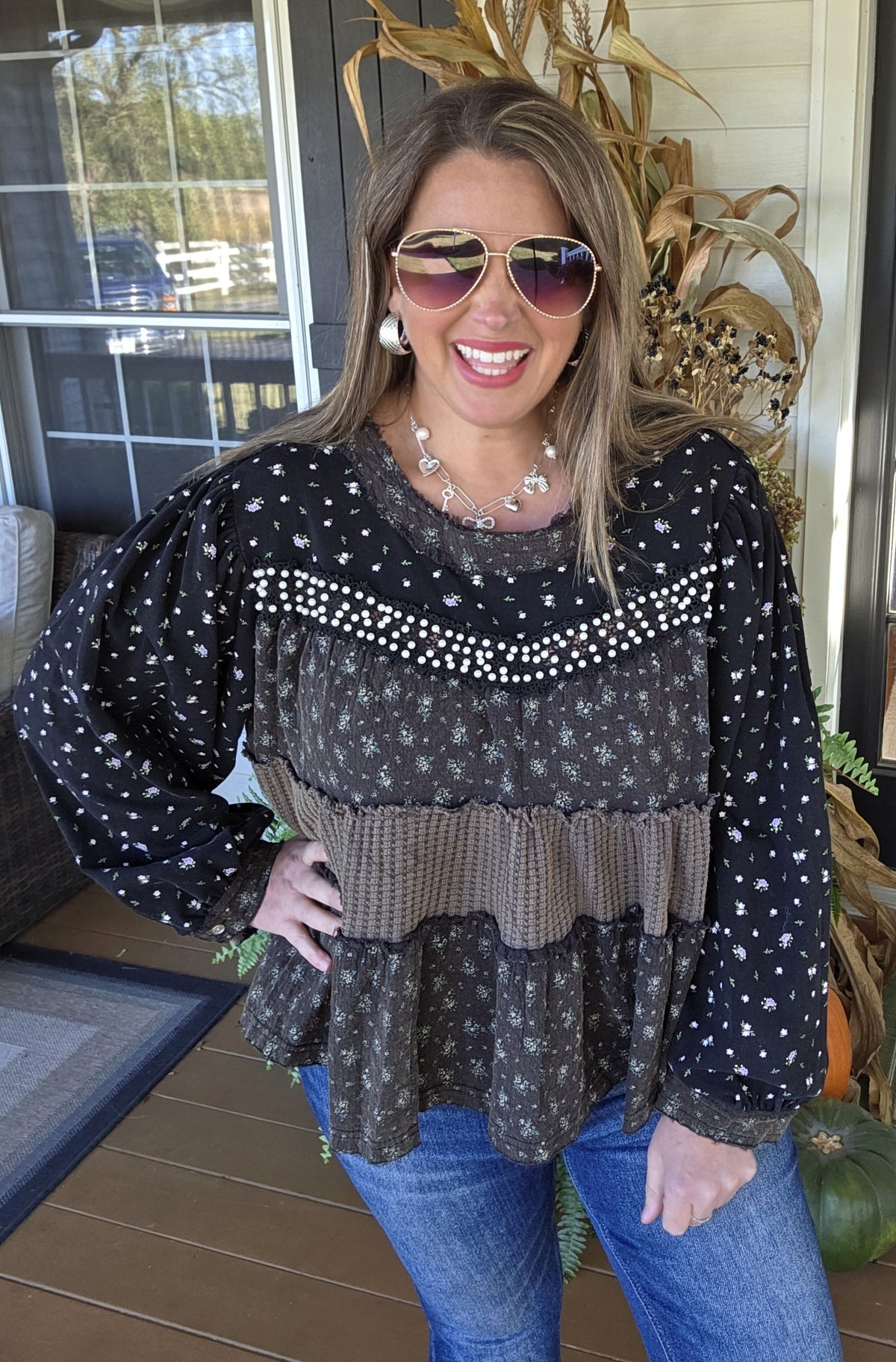 POL BLACK MINERAL WASH OVERSIZED PEARL TRIM TOP