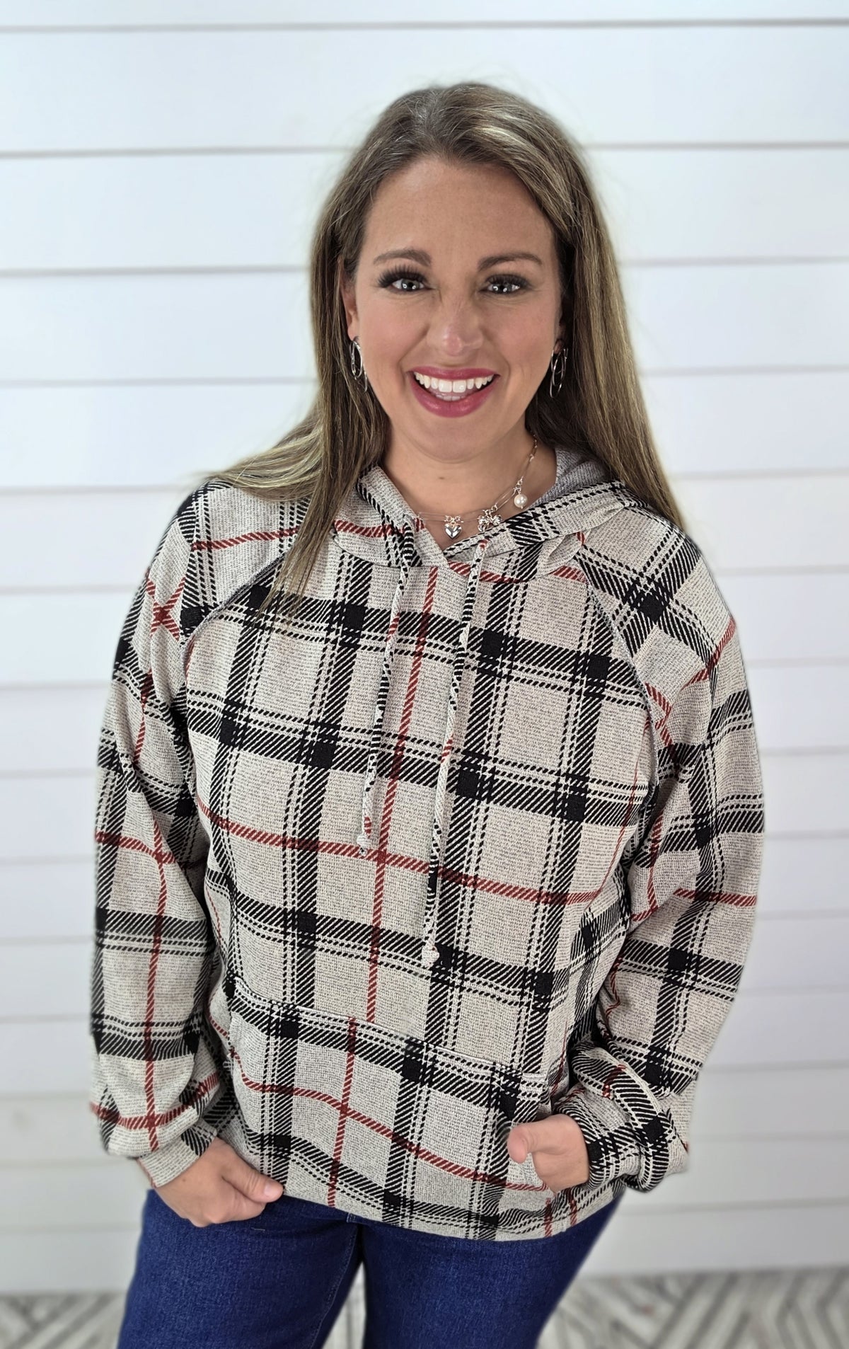 OATMEAL/BLACK/RED PLAID LIGHT WEIGHT HOODIE