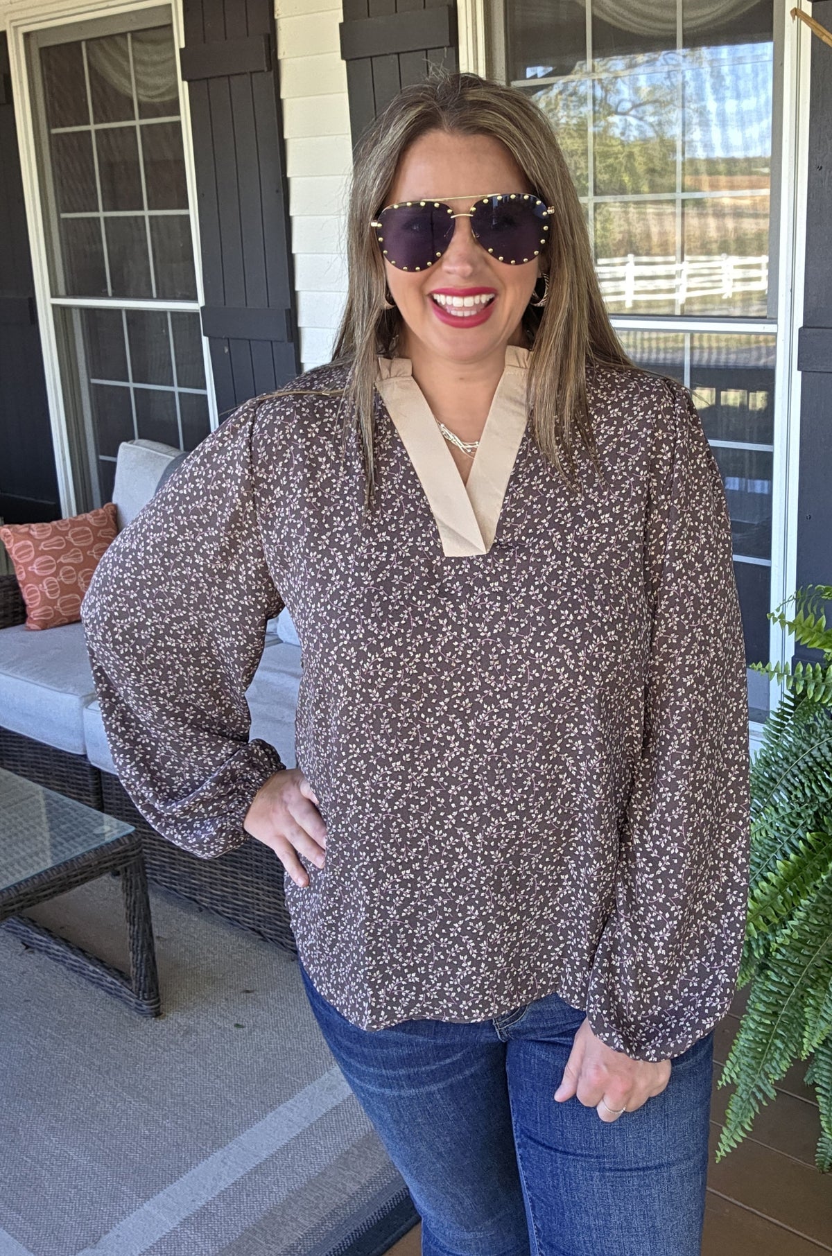 CHARCOAL FLORAL PRINT WOVEN TOP