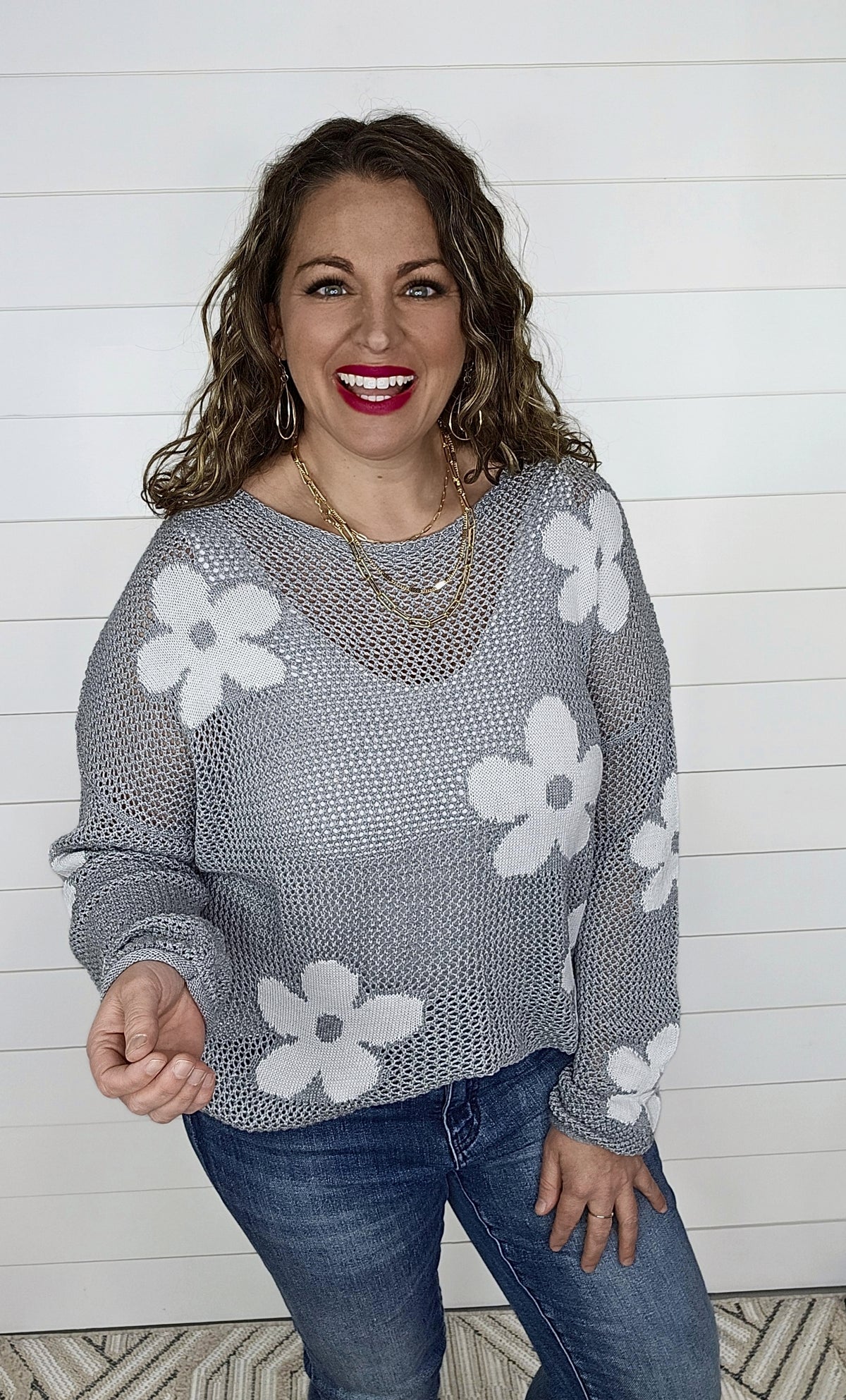 GREY OPEN WEAVE FLORAL SWEATER