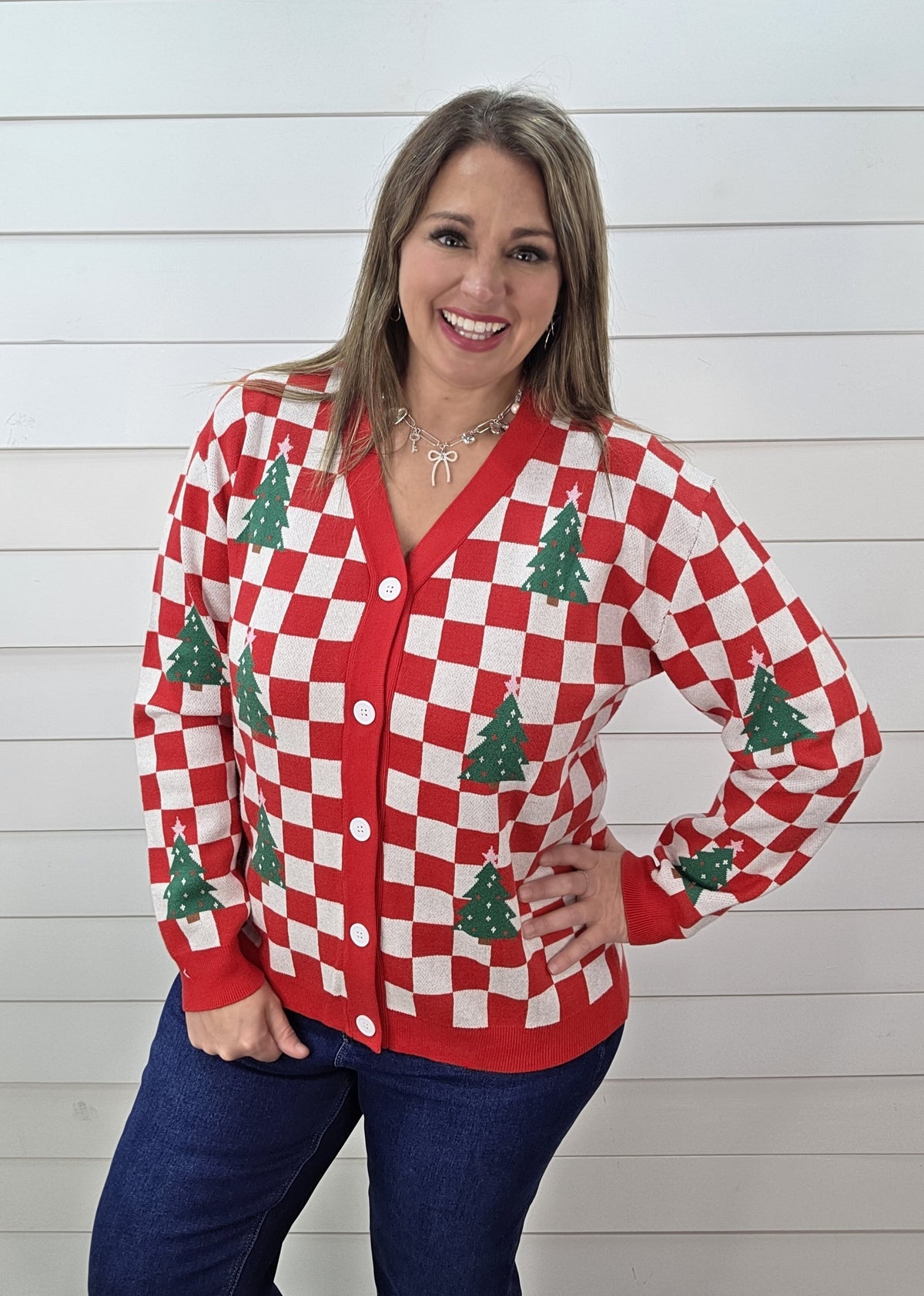 RED CHECKERED TREE BUTTON CARDIGAN SWEATER