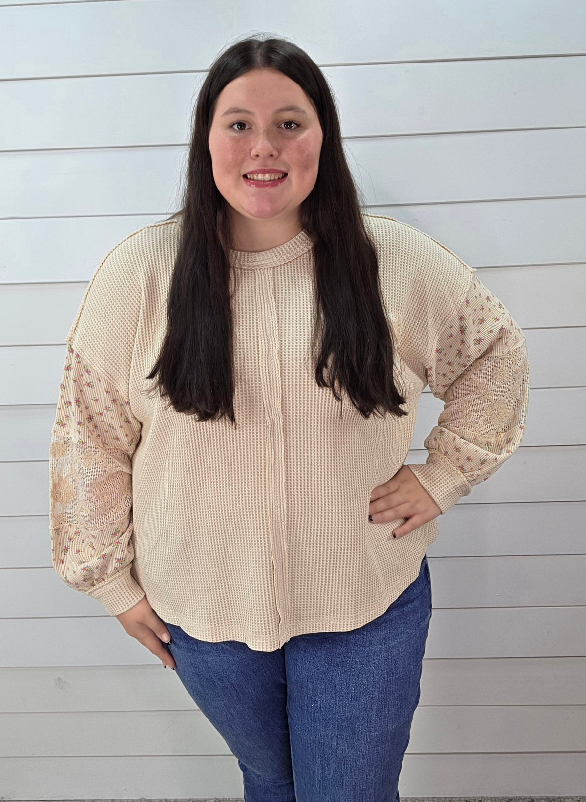 NATURAL WAFFLE TEXTURE CONTRAST SLEEVE KNIT OVERSIZED TOP