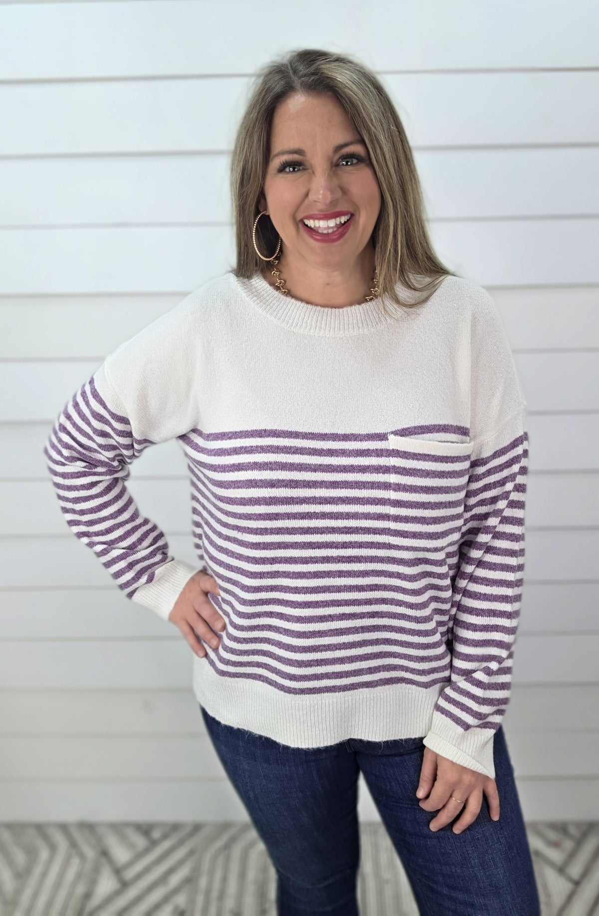 PURPLE STRIPED POCKET KNIT LIGHT WEIGHT SWEATER
