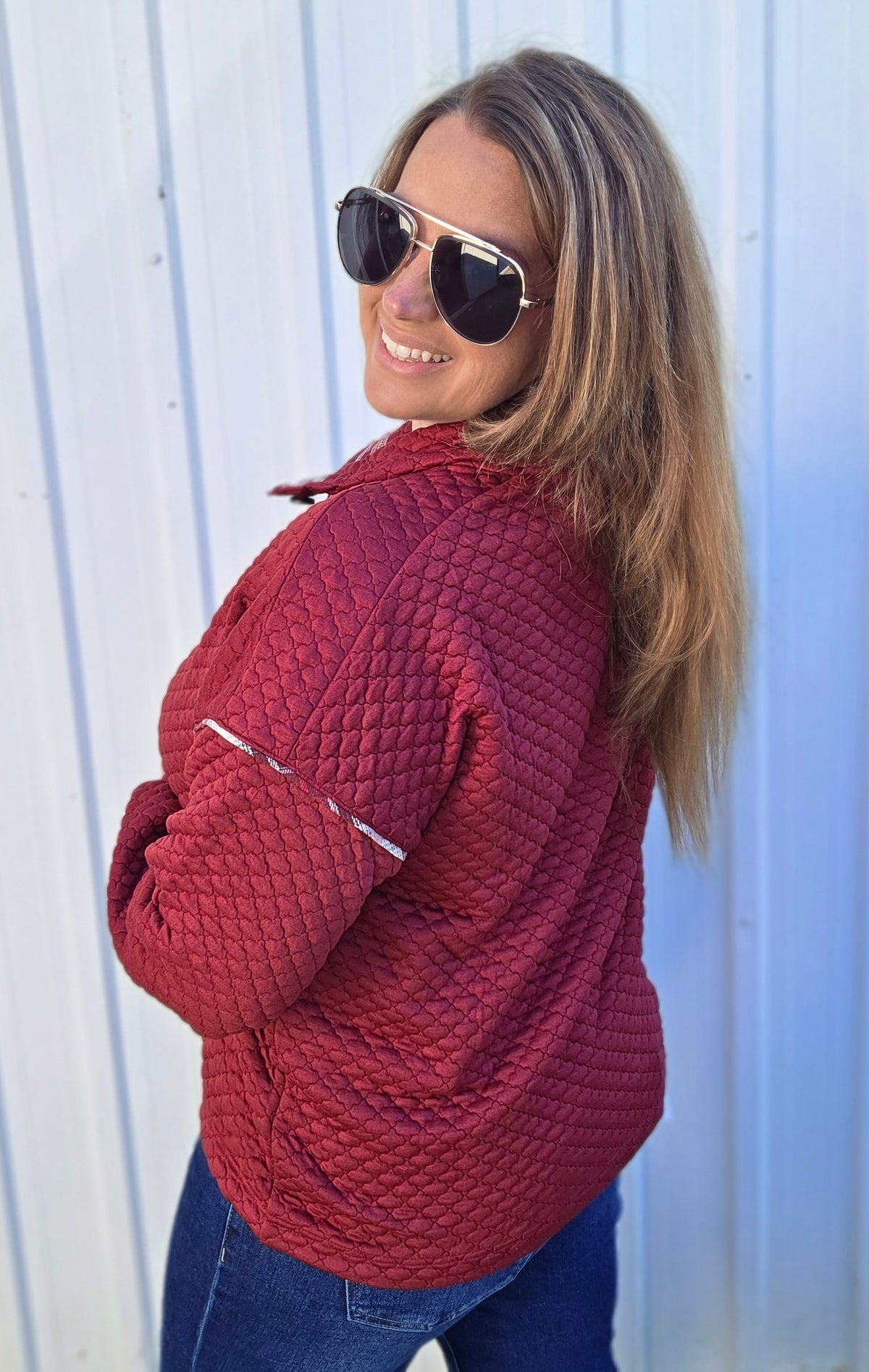 BURGUNDY QUILTED Henley Mock Neck, Drop Shoulder PLAID CONTAST PULLOVER