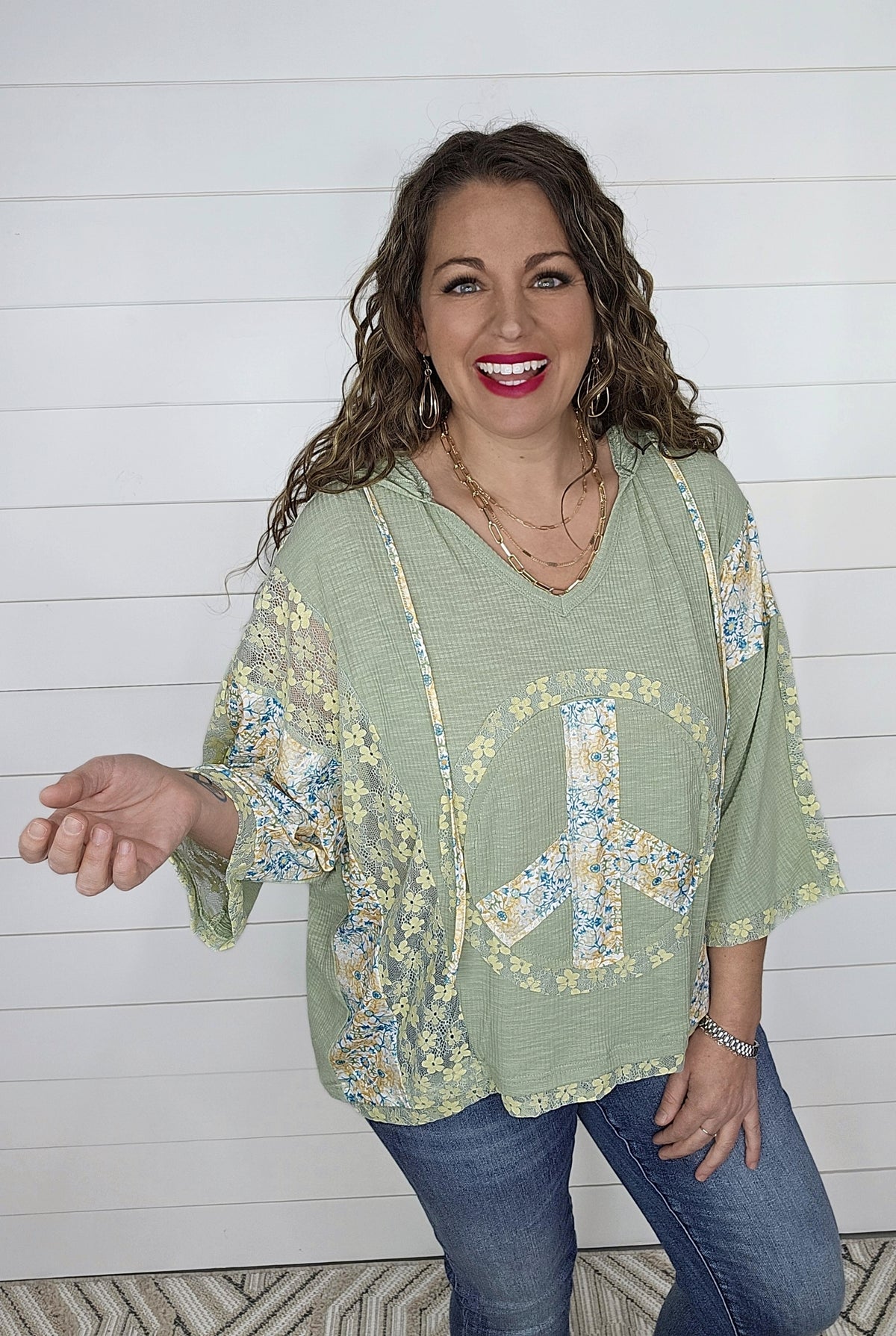 GREEN OVERSIZED HOODED PEACE FLORAL BOHO TOP