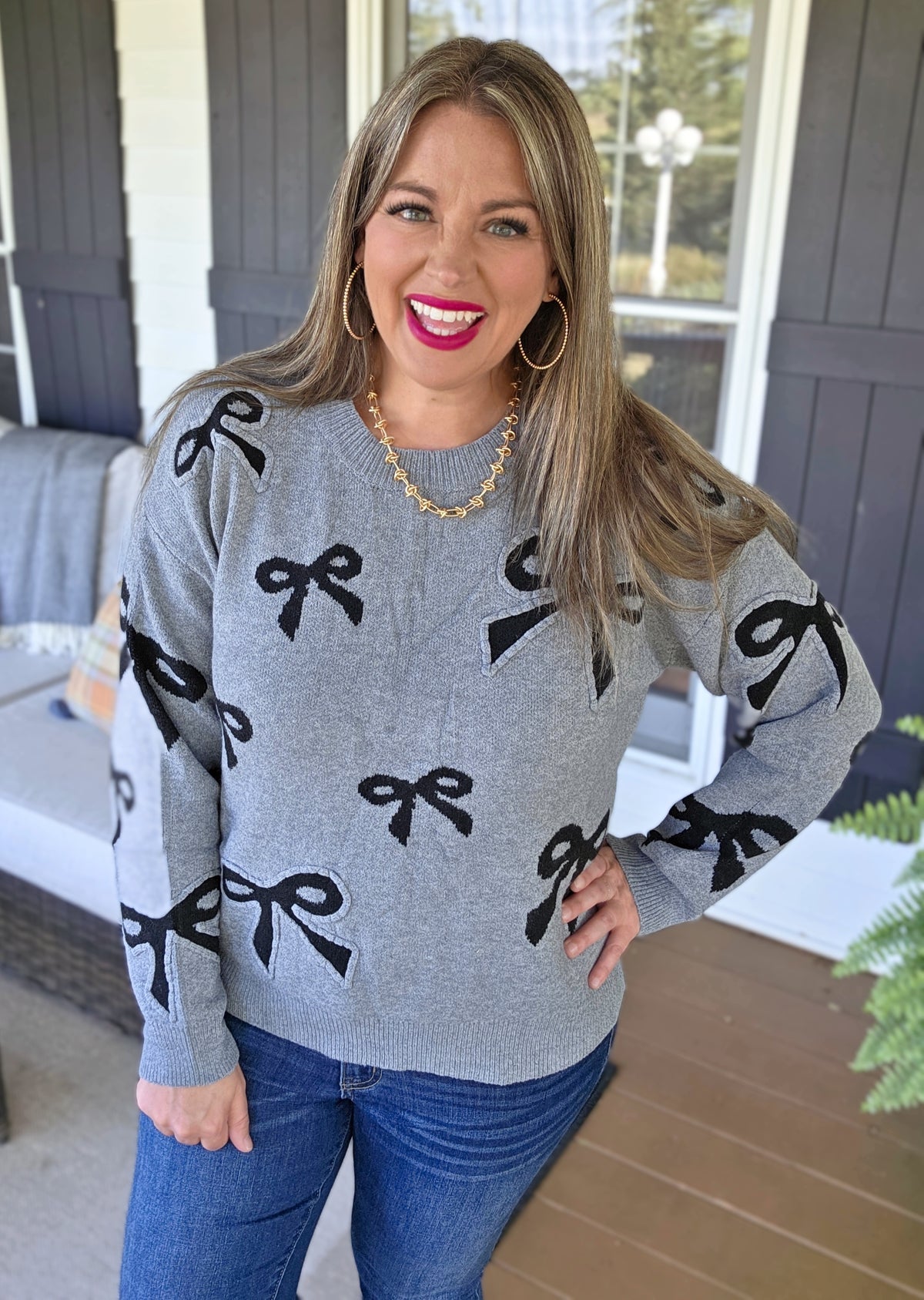 GREY/BLACK BOW ULTRA SOFT KNIT SWEATER
