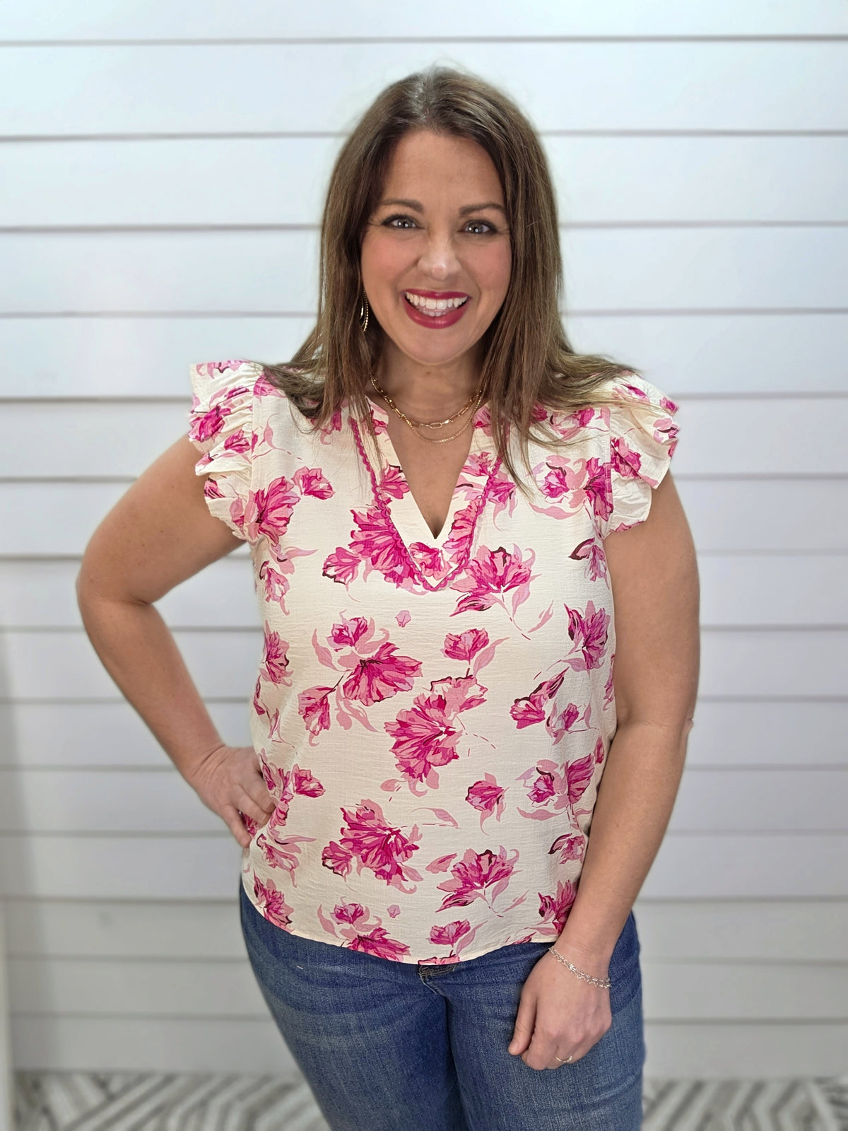 HOT PINK/CREAM FLORAL V NECK WOVEN TOP W/ SCALLOPED TRIM