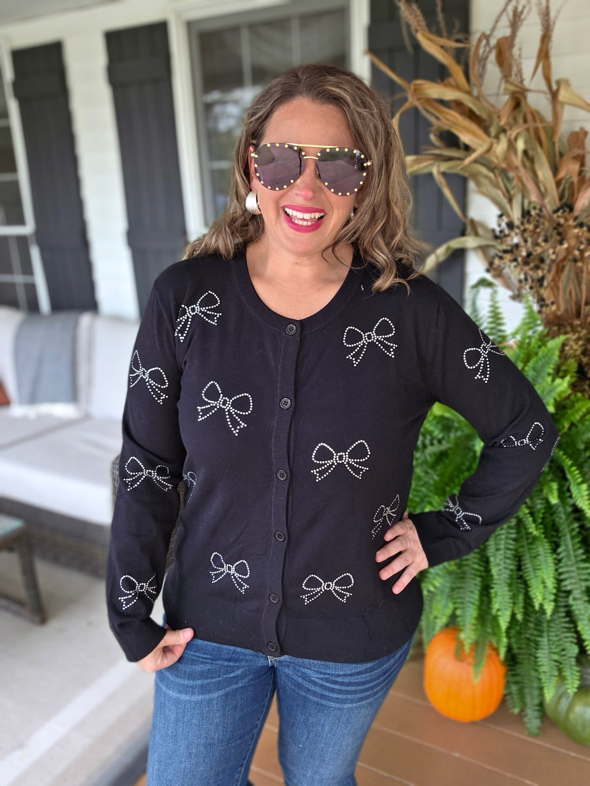 BLACK BOW RHINESTONE BUTTON SWEATER