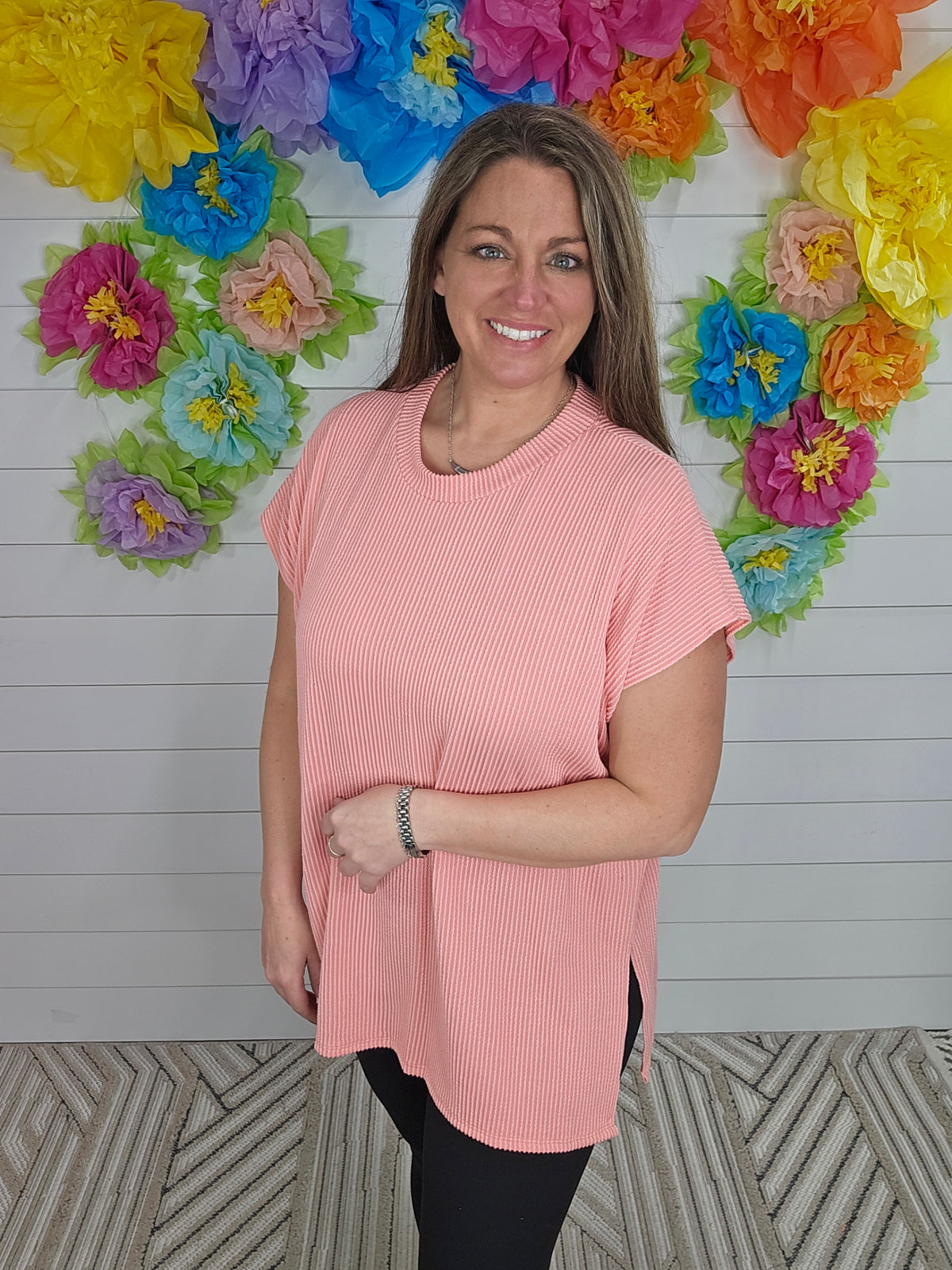 SHORT SLEEVE RIBBED SIDE SLIT TUNIC - CORAL