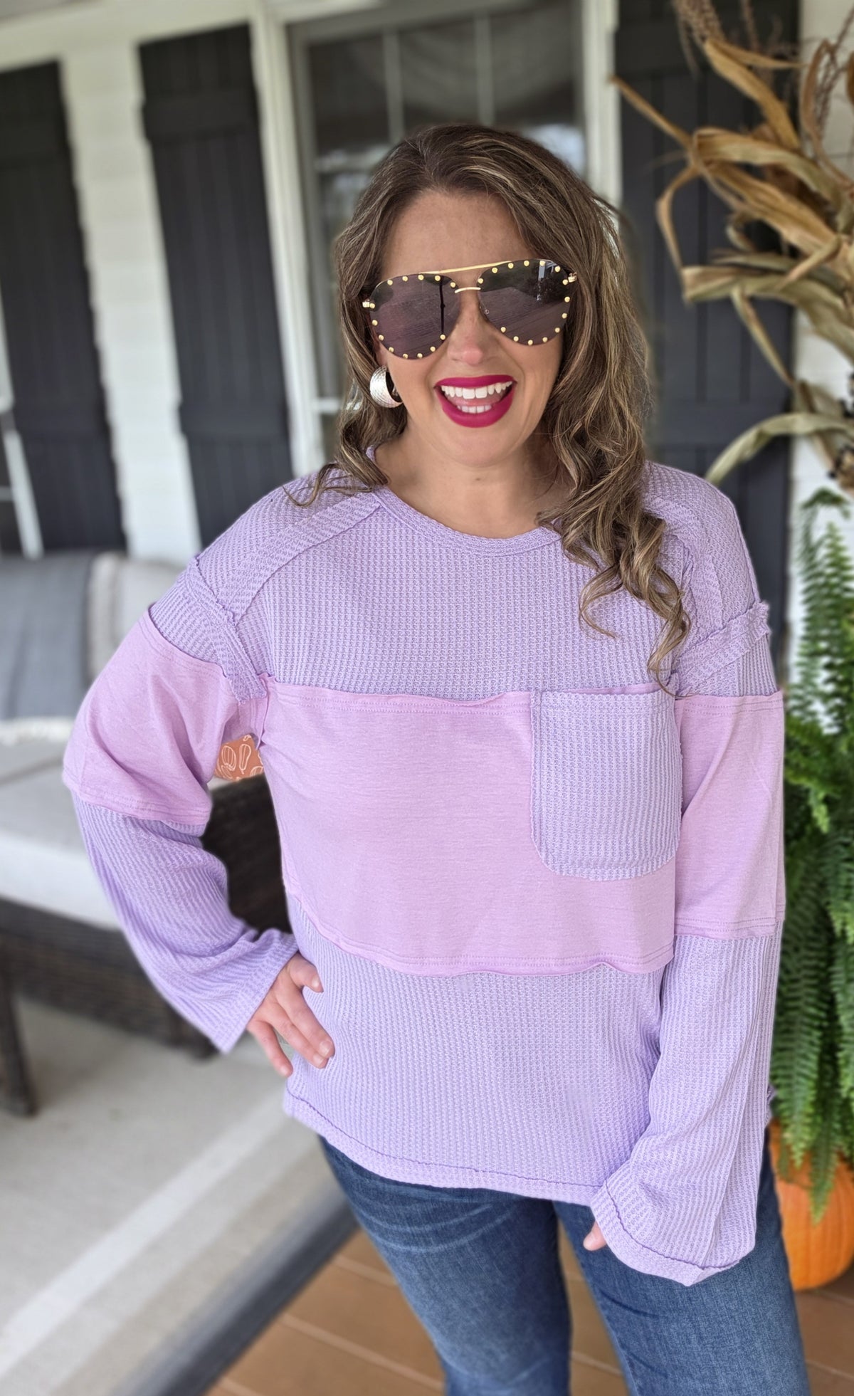 PURPLE WAFFLE CONTRAST POCKET KNIT TOP