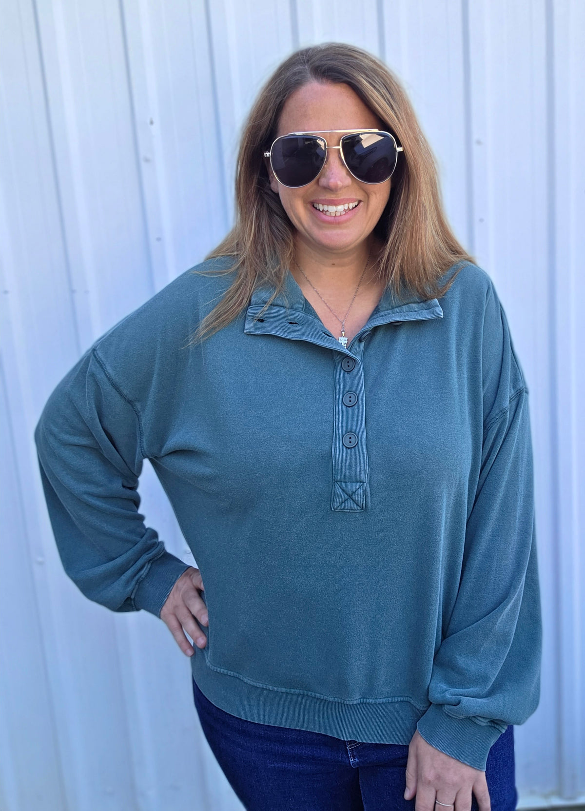 Dark Green Ultra Soft Mineral Wash Half Button Pullover