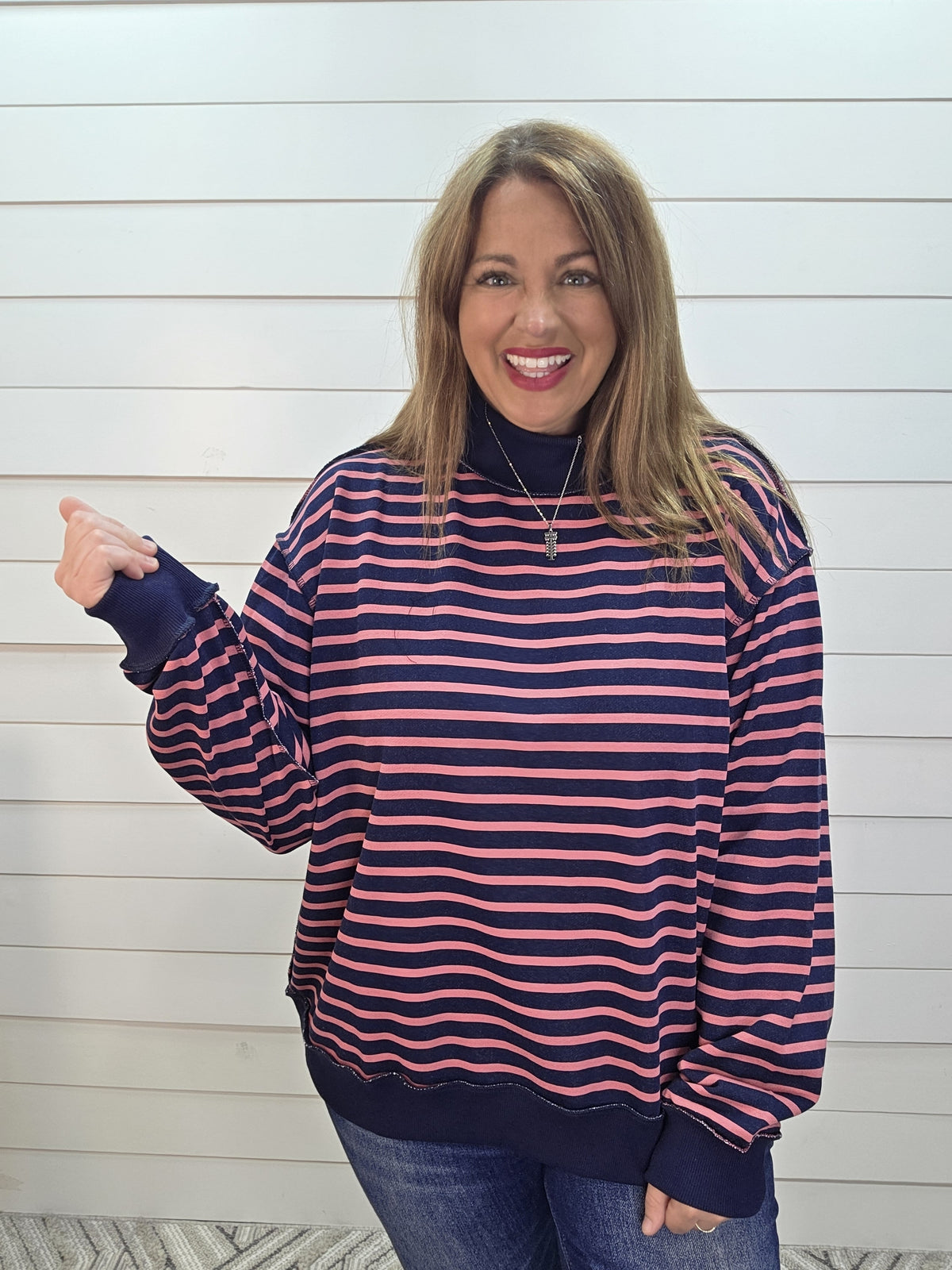 NAVY/MAUVE STRIPED MOCK NECK PULLOVER