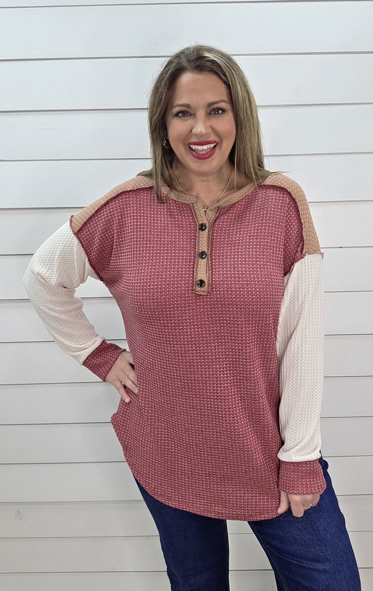 BURGUNDY COLORBLOCK WAFFLE KNIT TOP