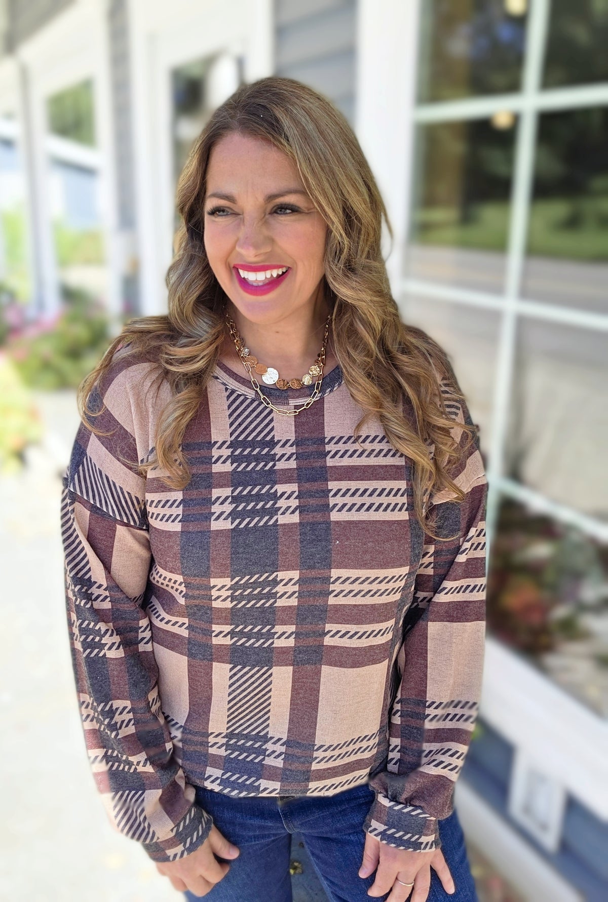 TAUPE PLAID KNIT LONG SLEEVE TOP