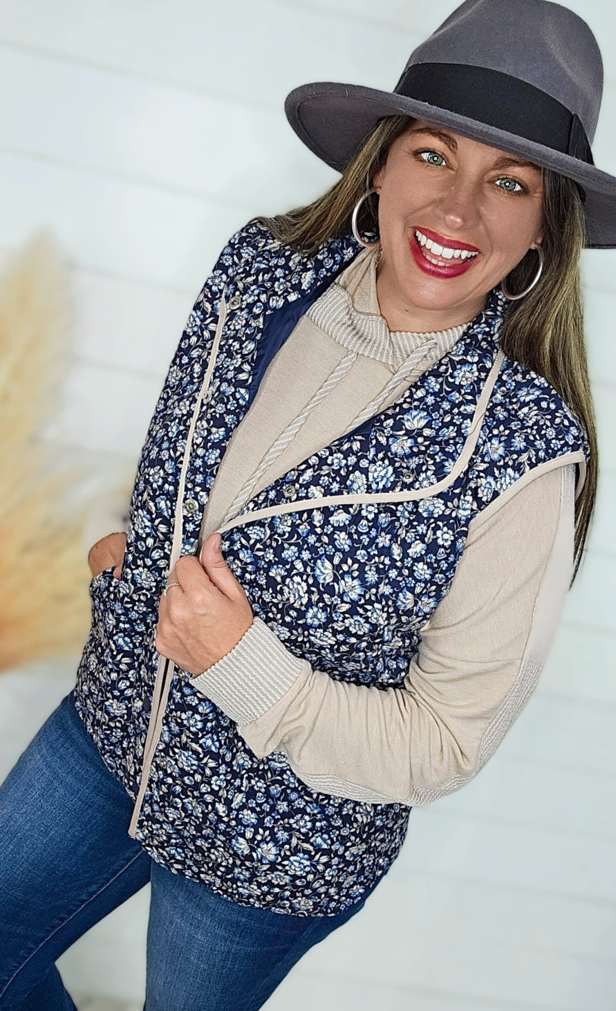 NAVY FLORAL SNAP BUTTON VEST