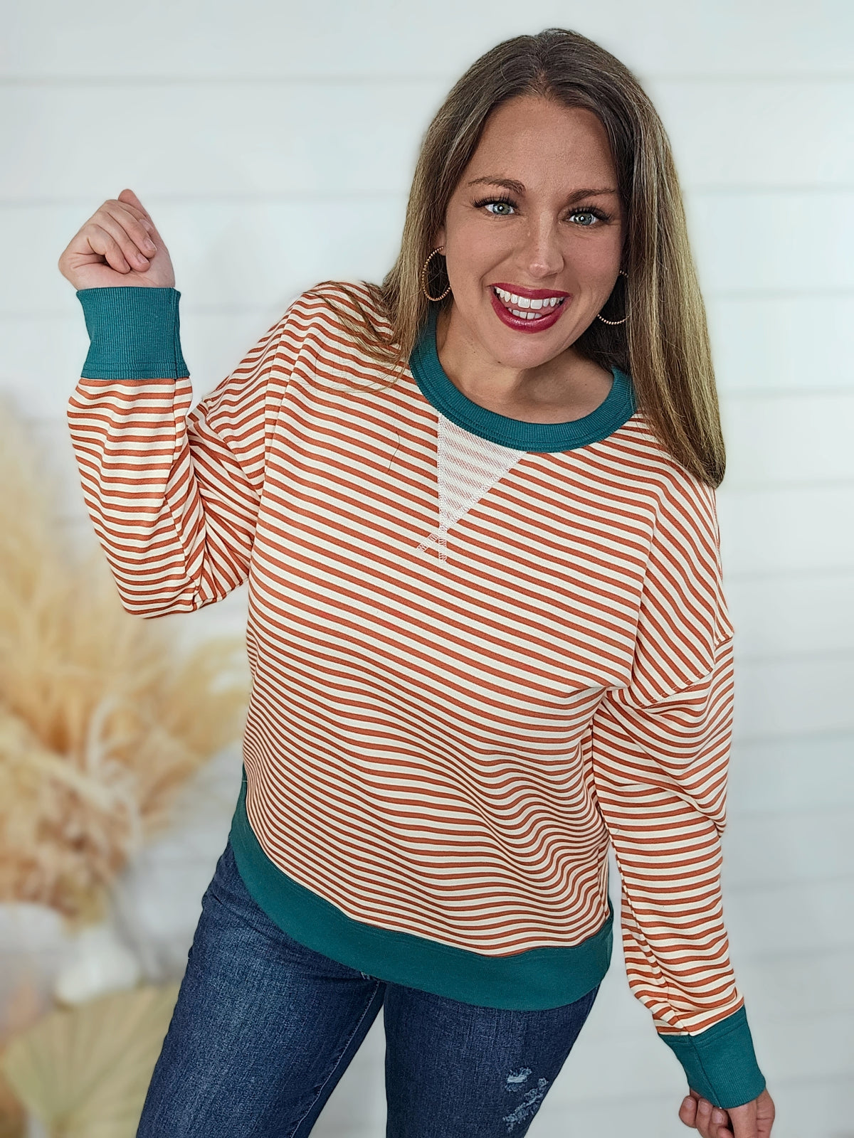 RUST/JADE STRIPED FRENCH TERRY CREW NECK PULLOVER TOP