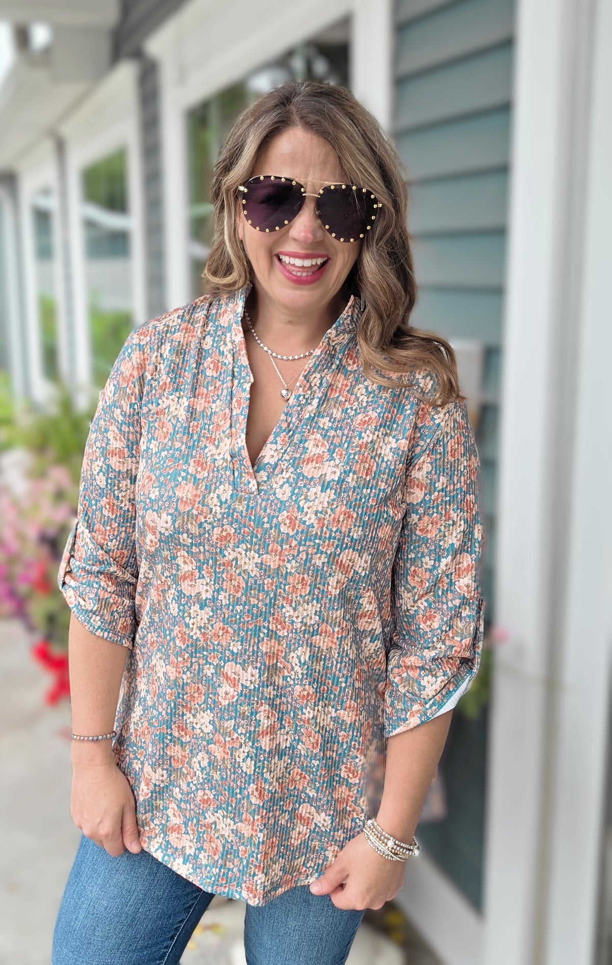 TEAL RIBBED FLORAL 3/4 SLEEVE KNIT TOP