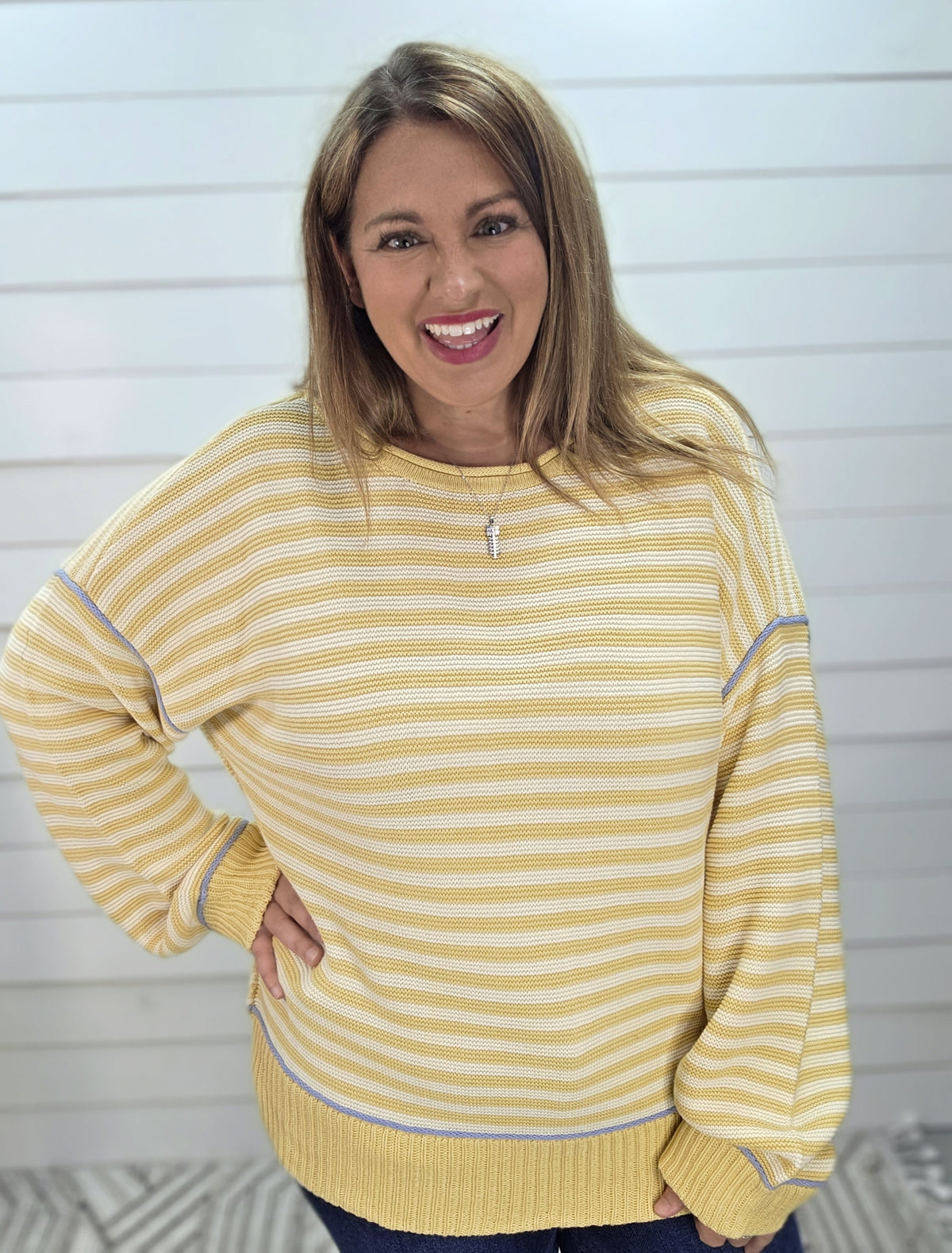 YELLOW STRIPED CONTRAST KNIT SWEATER W/ BLUE TRIM