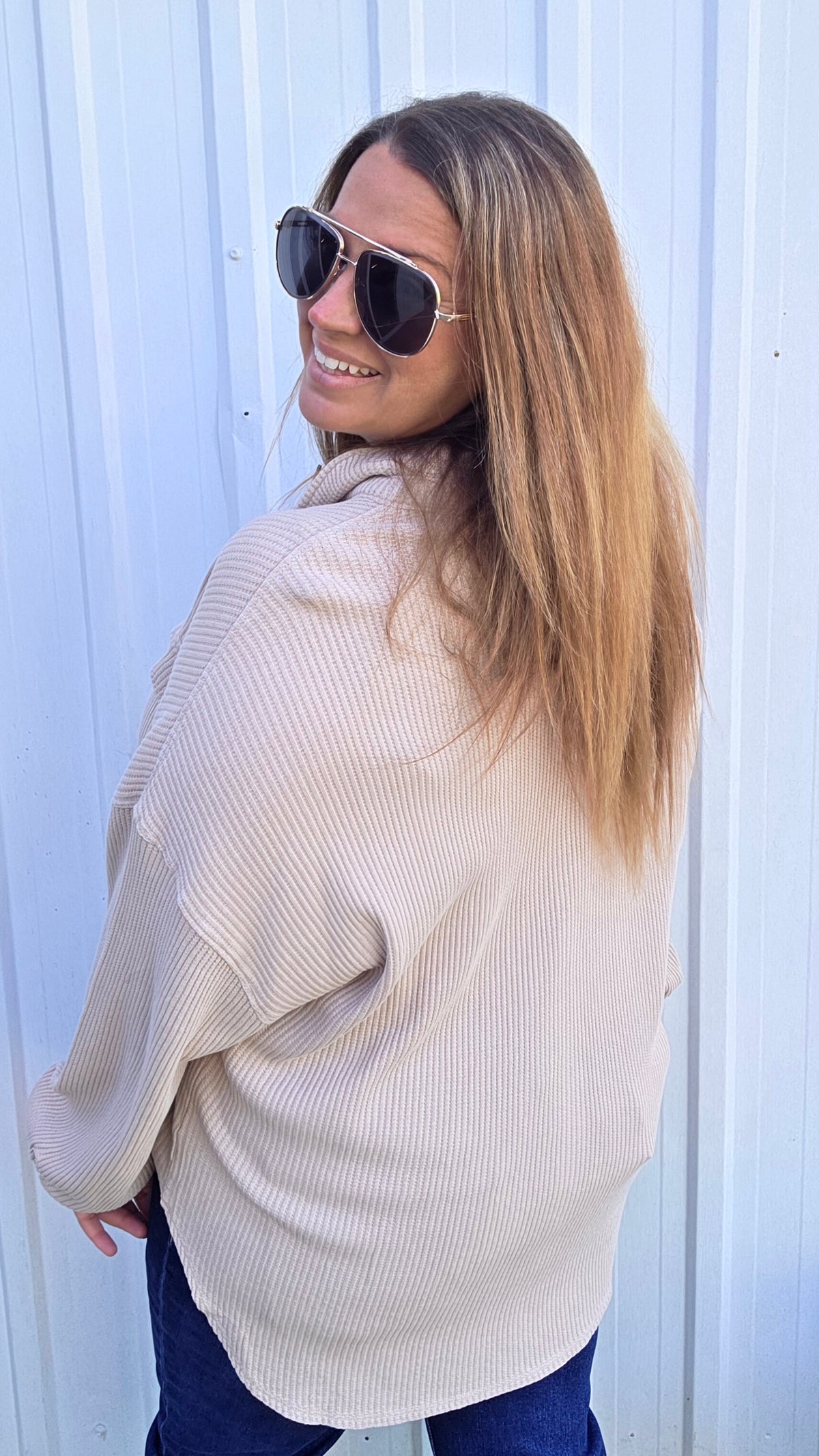 Taupe Mineral Wash Oversized Waffle Knit Button Down Top