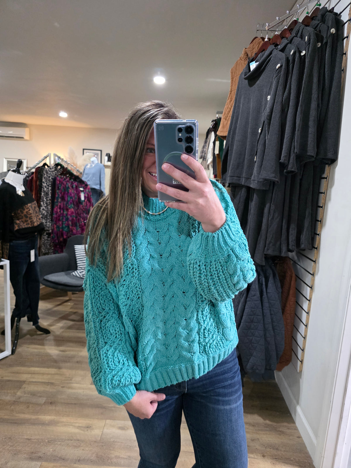 POL AQUA TEAL CABLE KNIT SWEATER