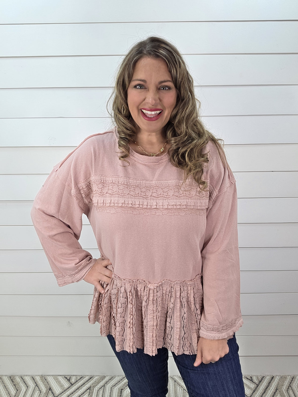 DUSTY ROSE LACE TRIM FRILL FRENCH TERRY TOP