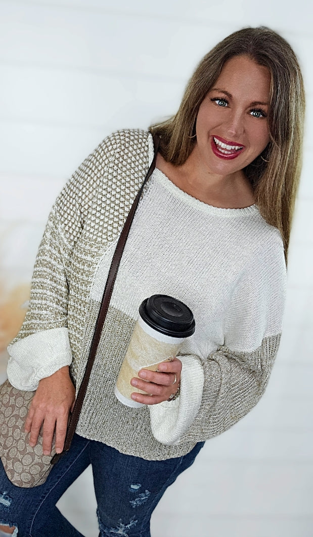 TAUPE MULTI BLOCK KNIT TIE BACK SWEATER