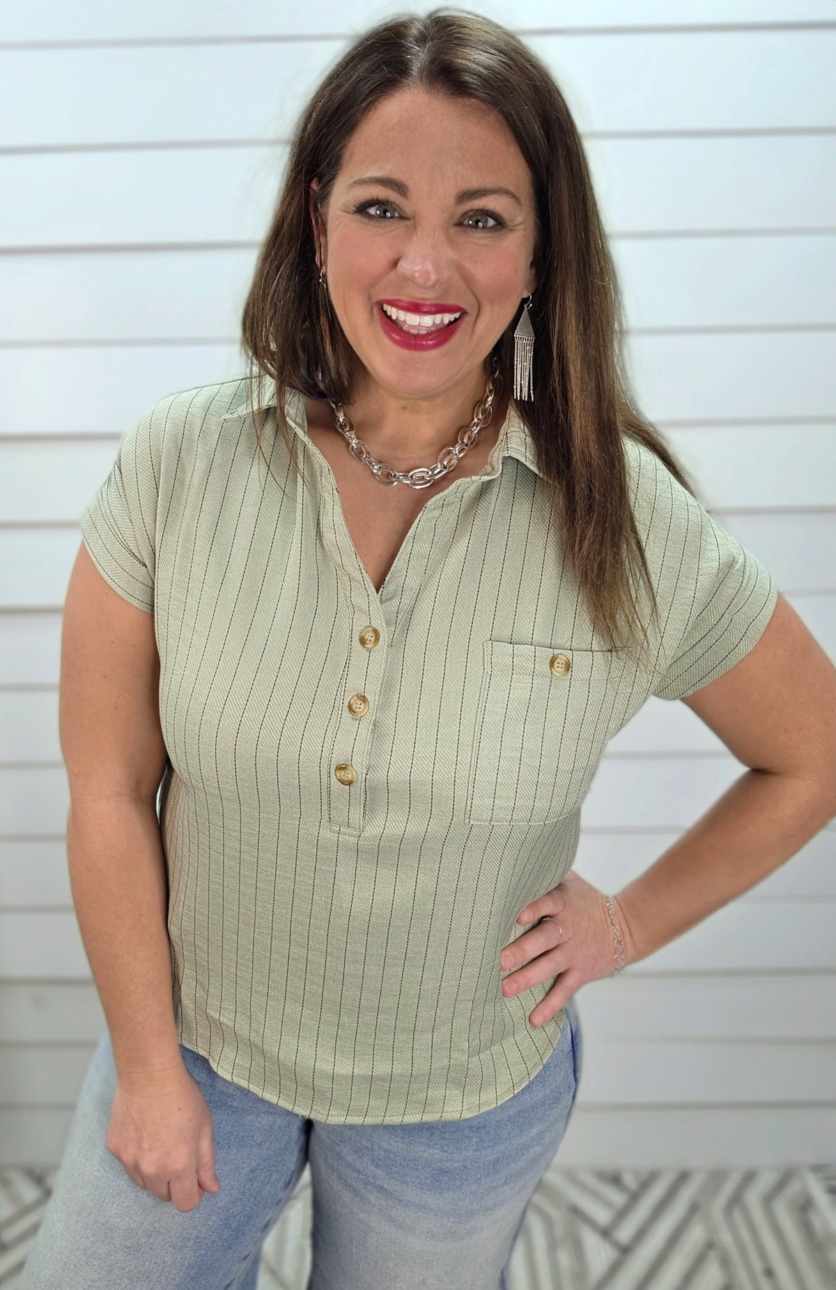 LIGHT OLIVE PINSTRIPED HALF BUTTON TOP