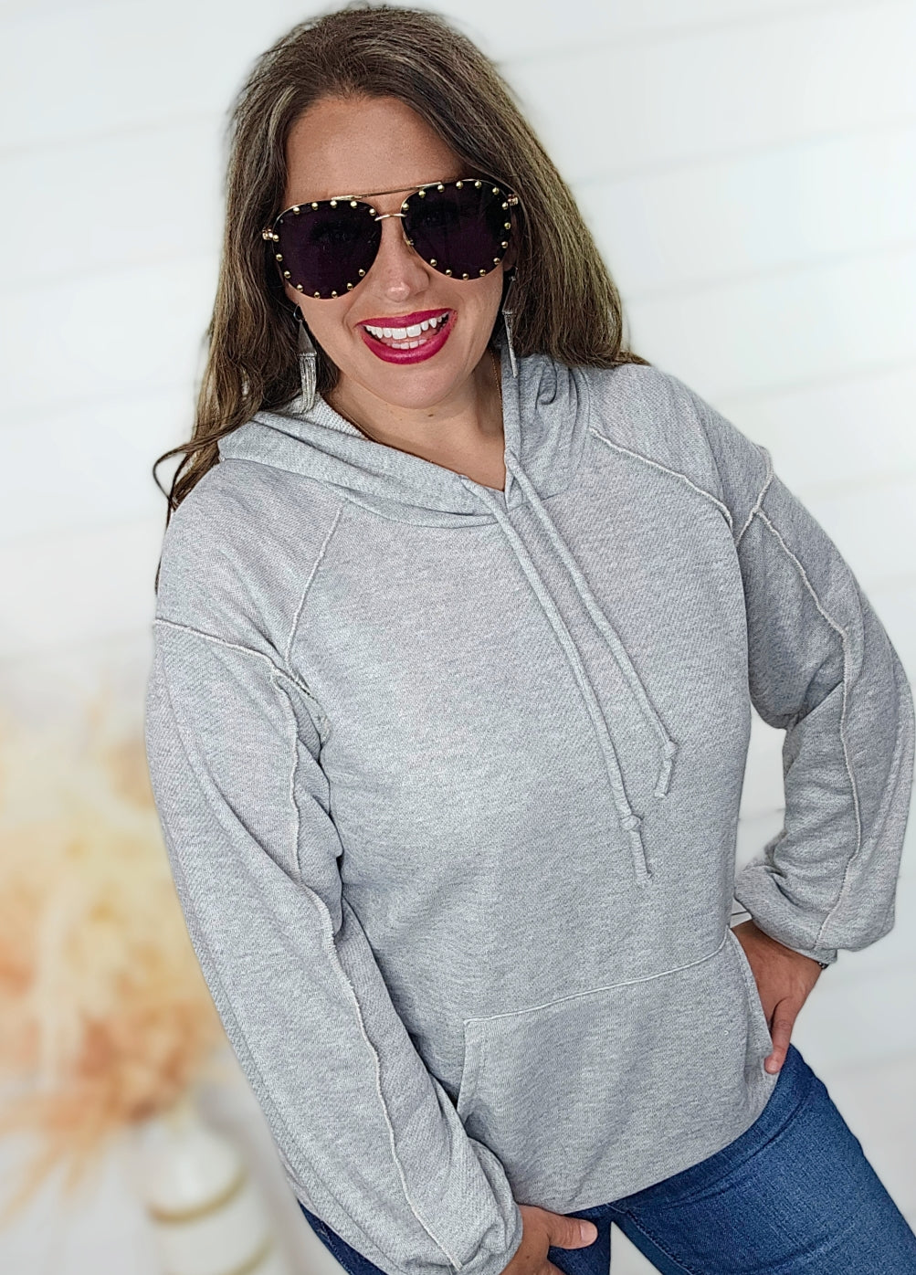 HEATHER GREY REVESE STITICHING HOODED PULLOVER