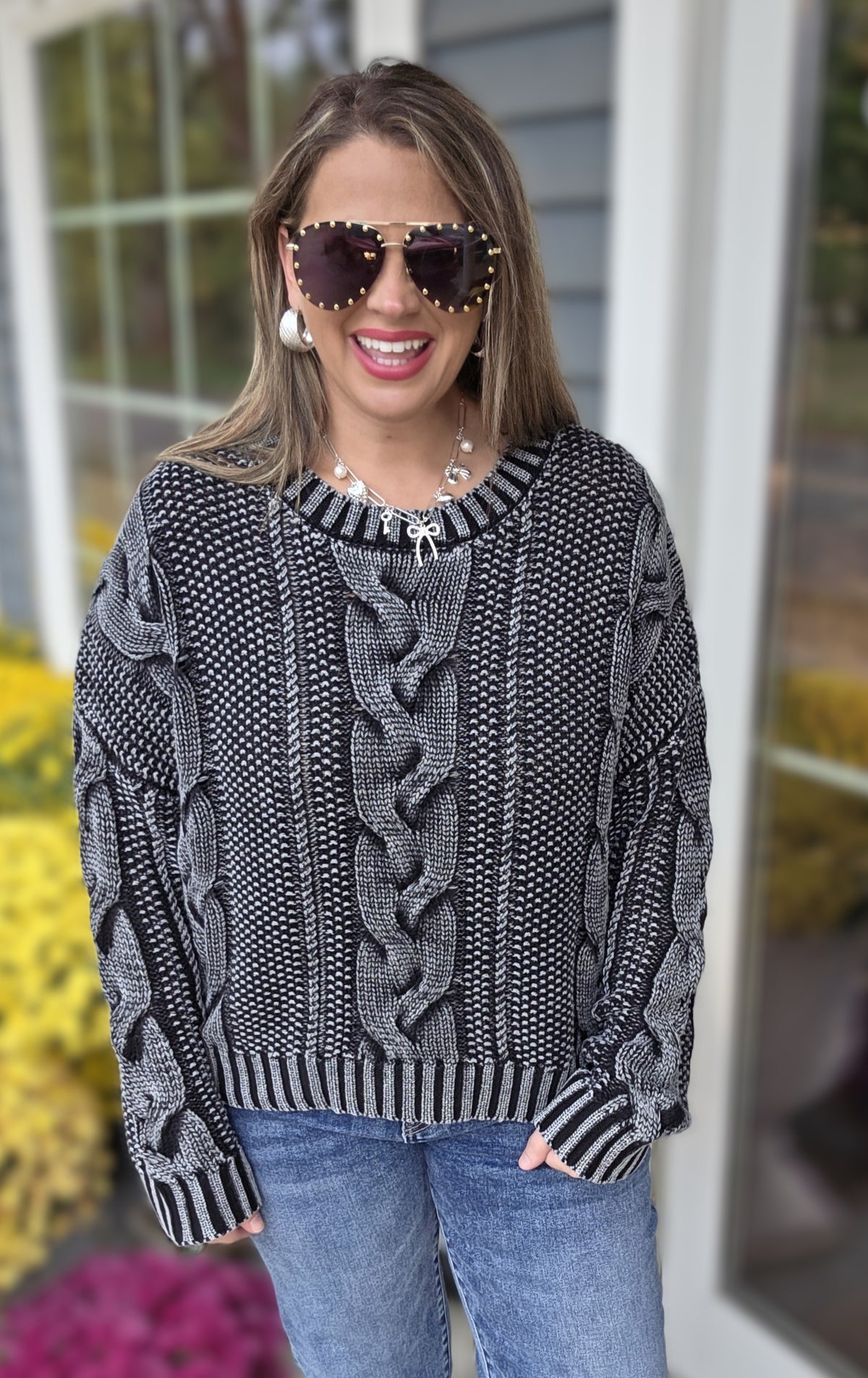 CHARCOAL MINERAL WASH CABLE KNIT SWEATER