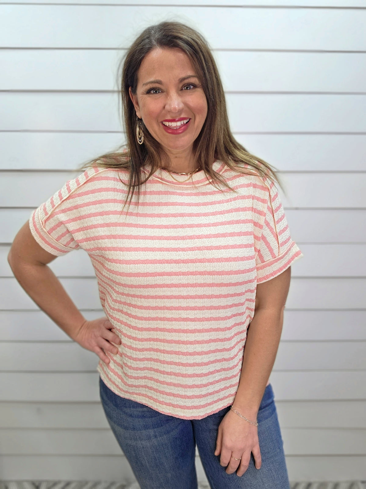 PINK TEXTURED LOOSE FIT KNIT TOP