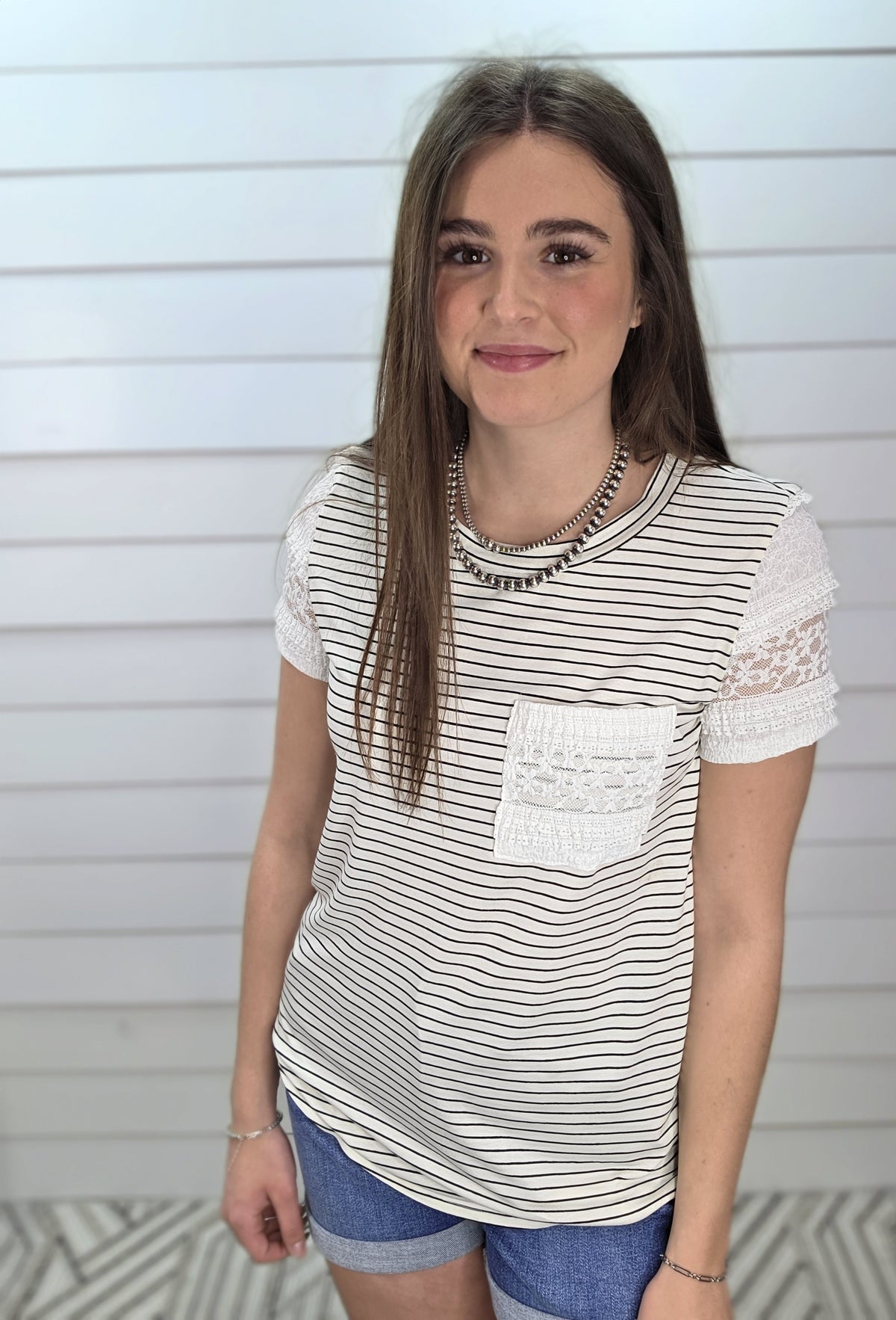 BLACK AND WHITE STRIPED KNIT TOP W/ LACE TRIM