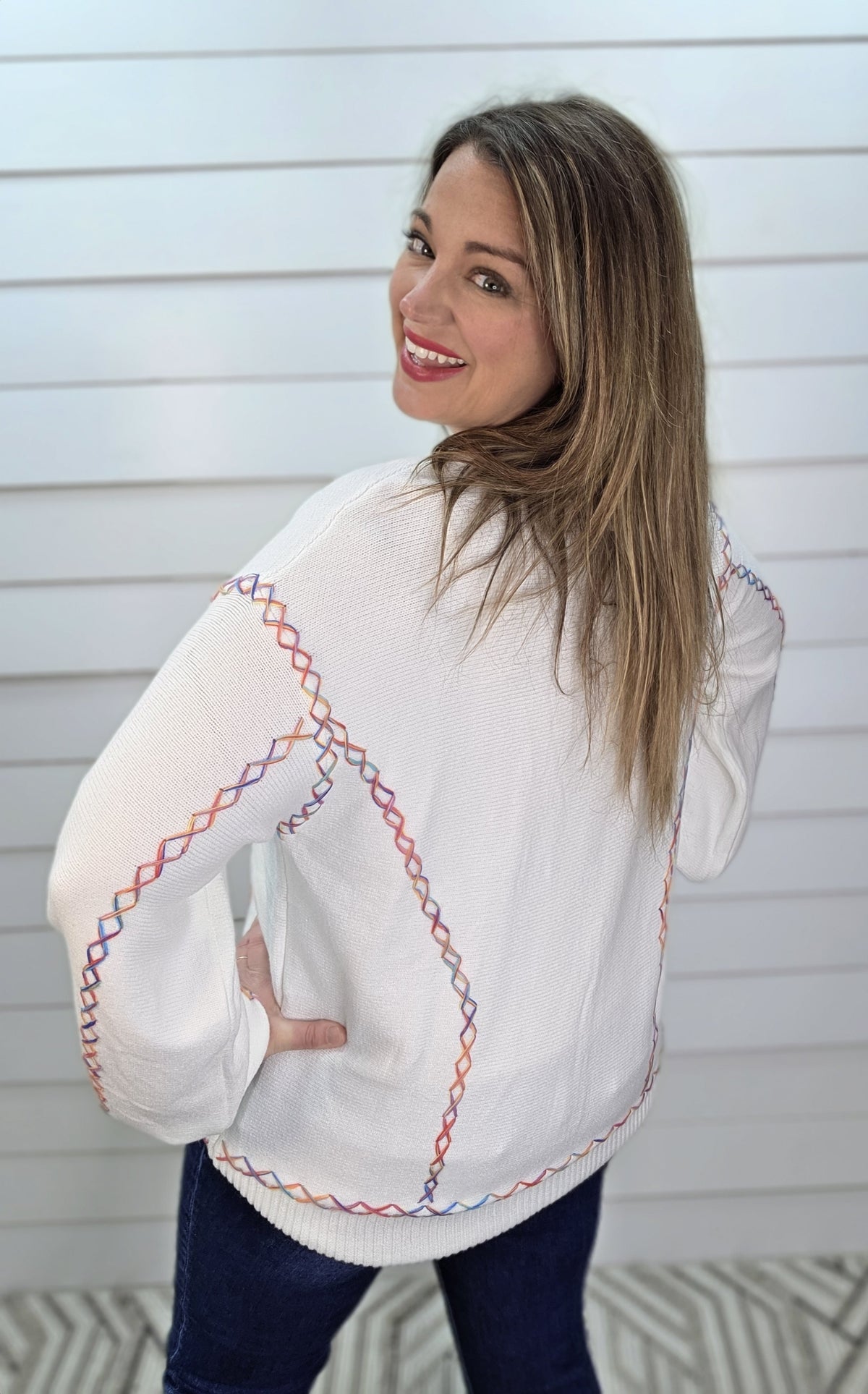 WHITE RAINBOW STITCH ULTRA SOFT SWEATER