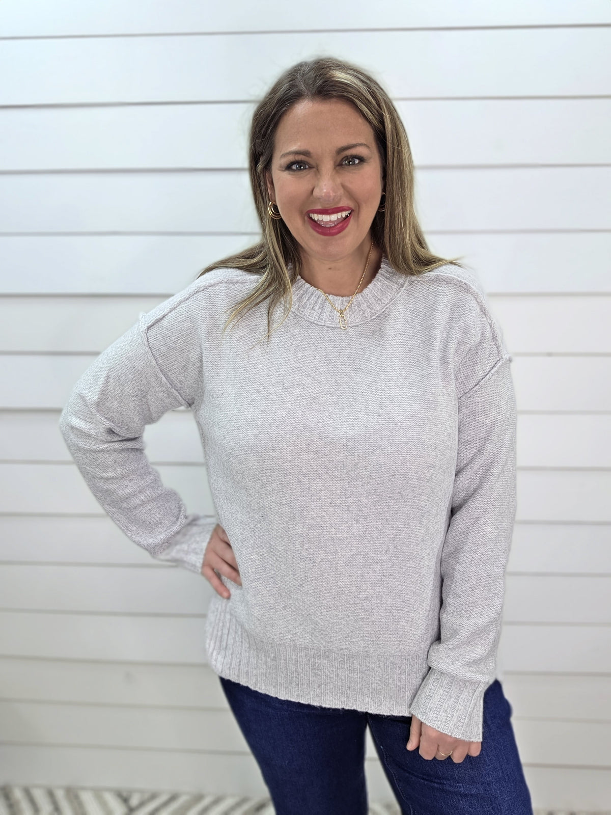 LT GREY ULTRA SOFT SEAM DETAIL PULLOVER SWEATER