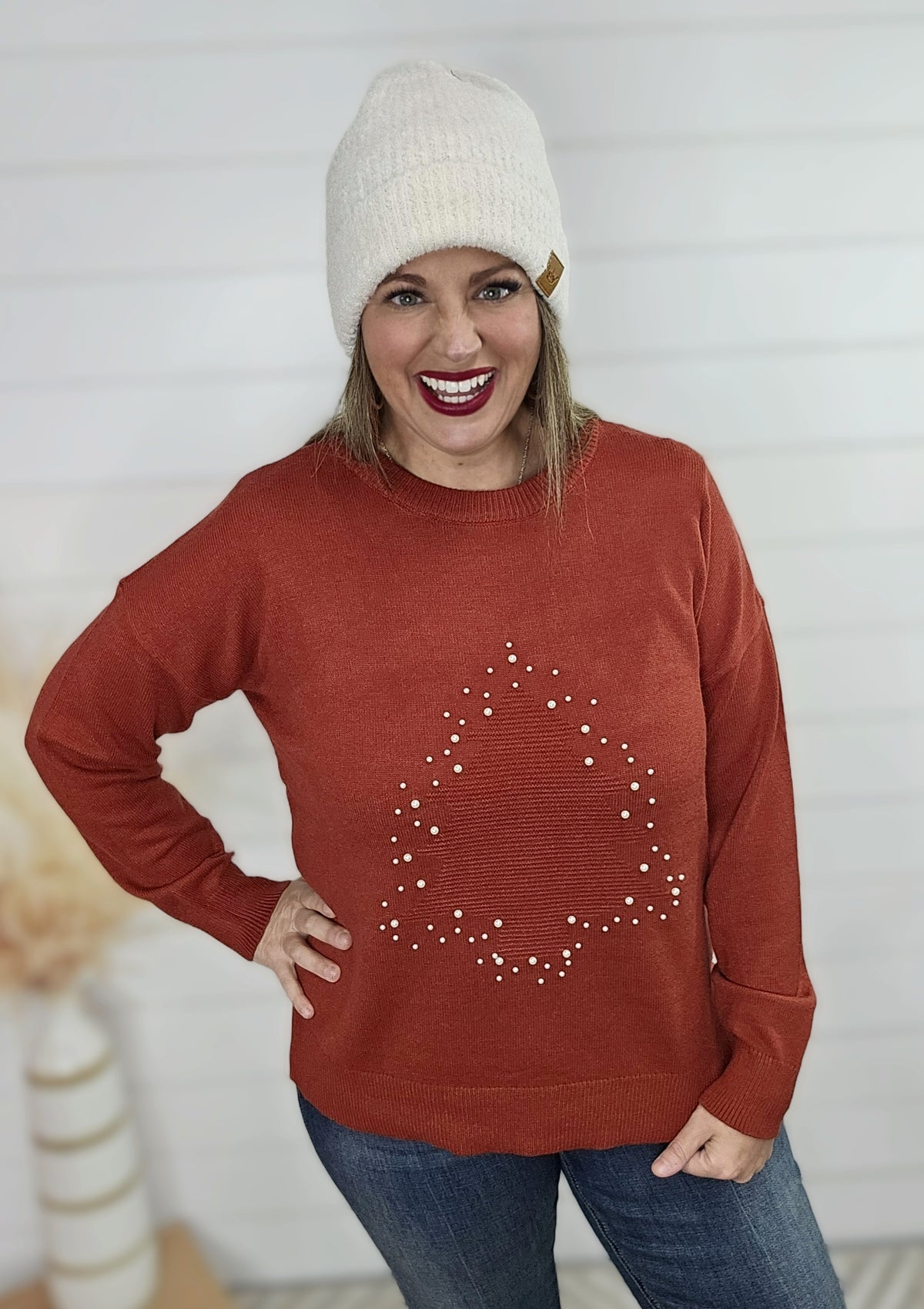 RED PEARL TREE SWEATER