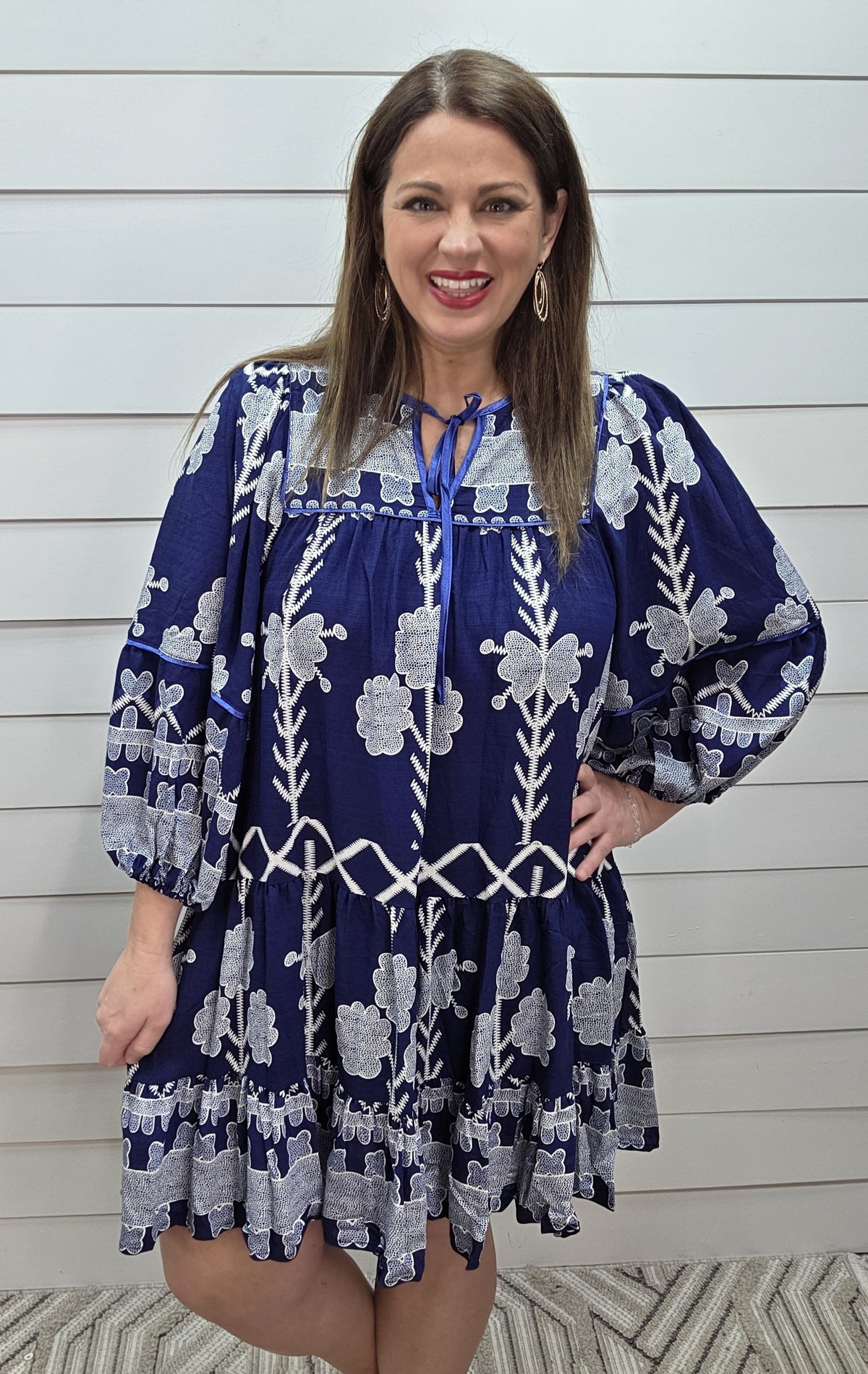 NAVY FLORAL 3/4 SLEEVE DRESS