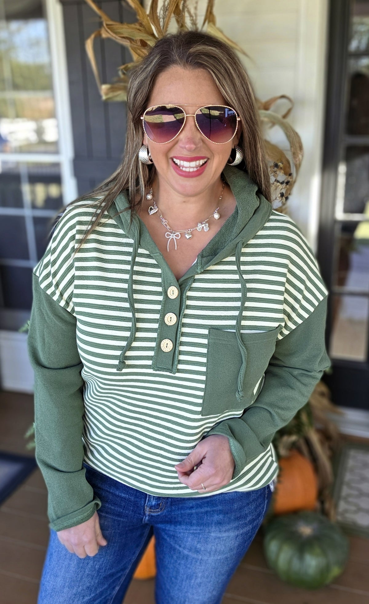 OLIVE STRIPED CONTRAST BUTTON KNIT HOODIE