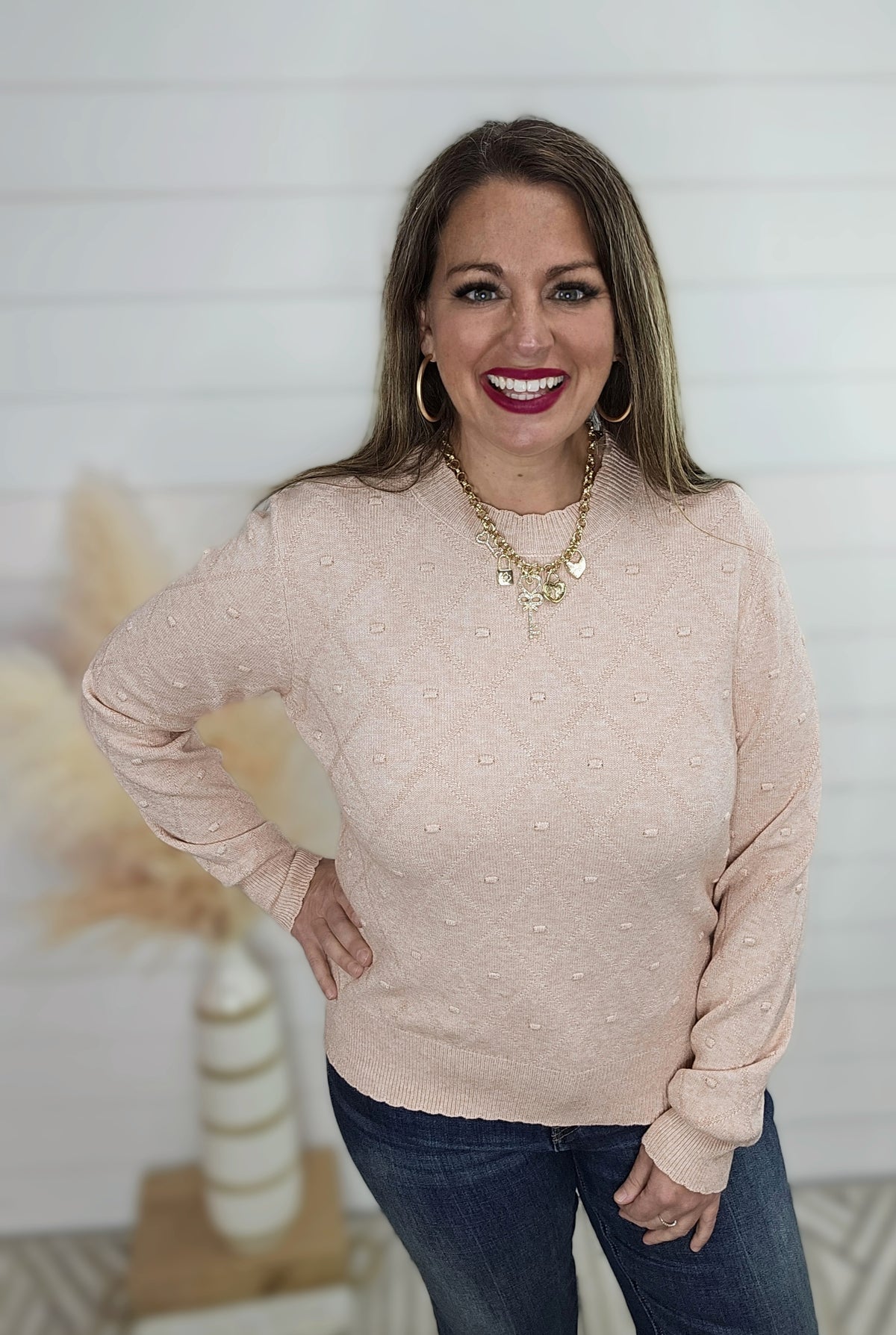 BLUSH POM POM SCALLOP CREW NECK LIGHT WEIGHT SWEATER