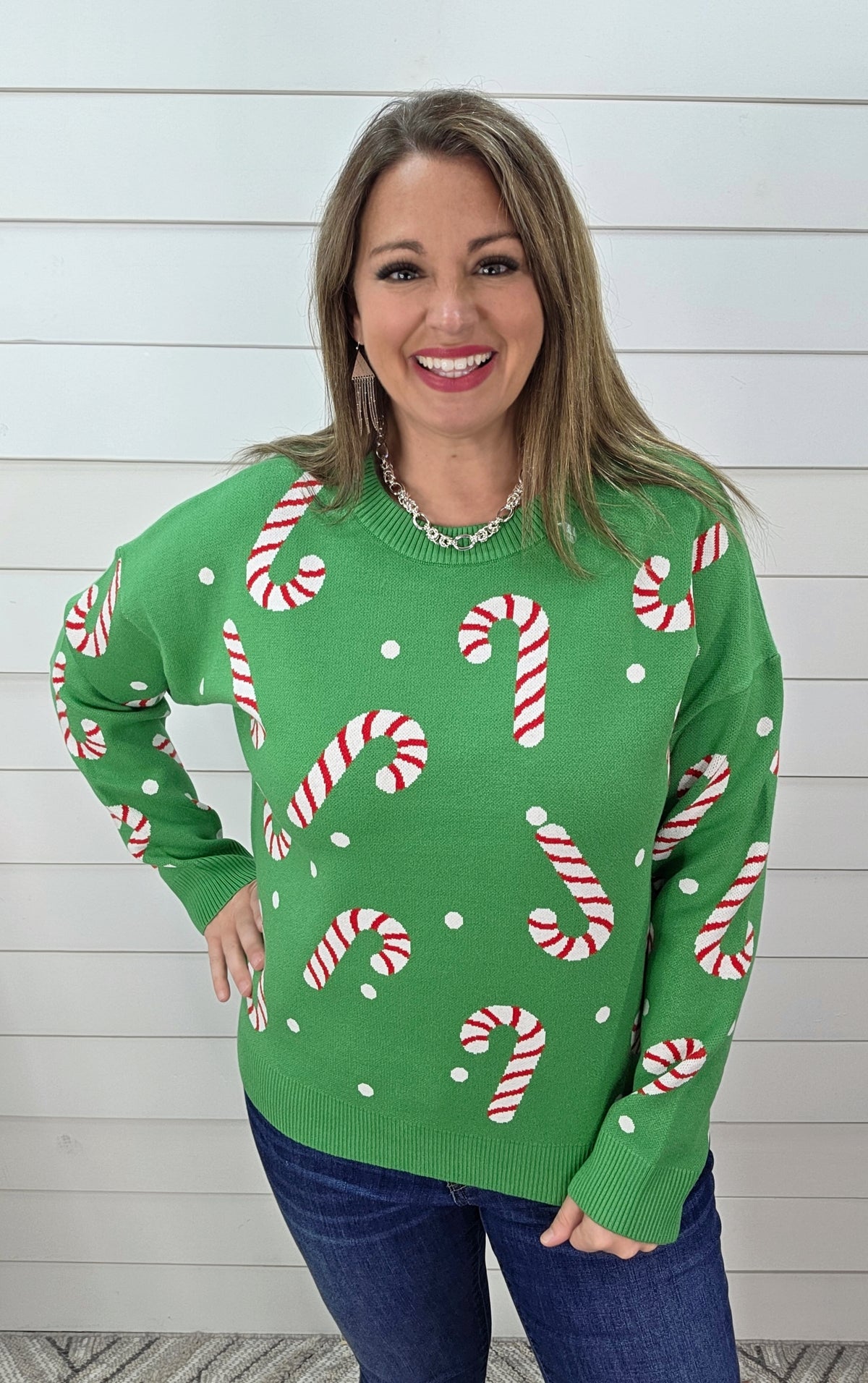 GREEN CANDY CANE SWEATER