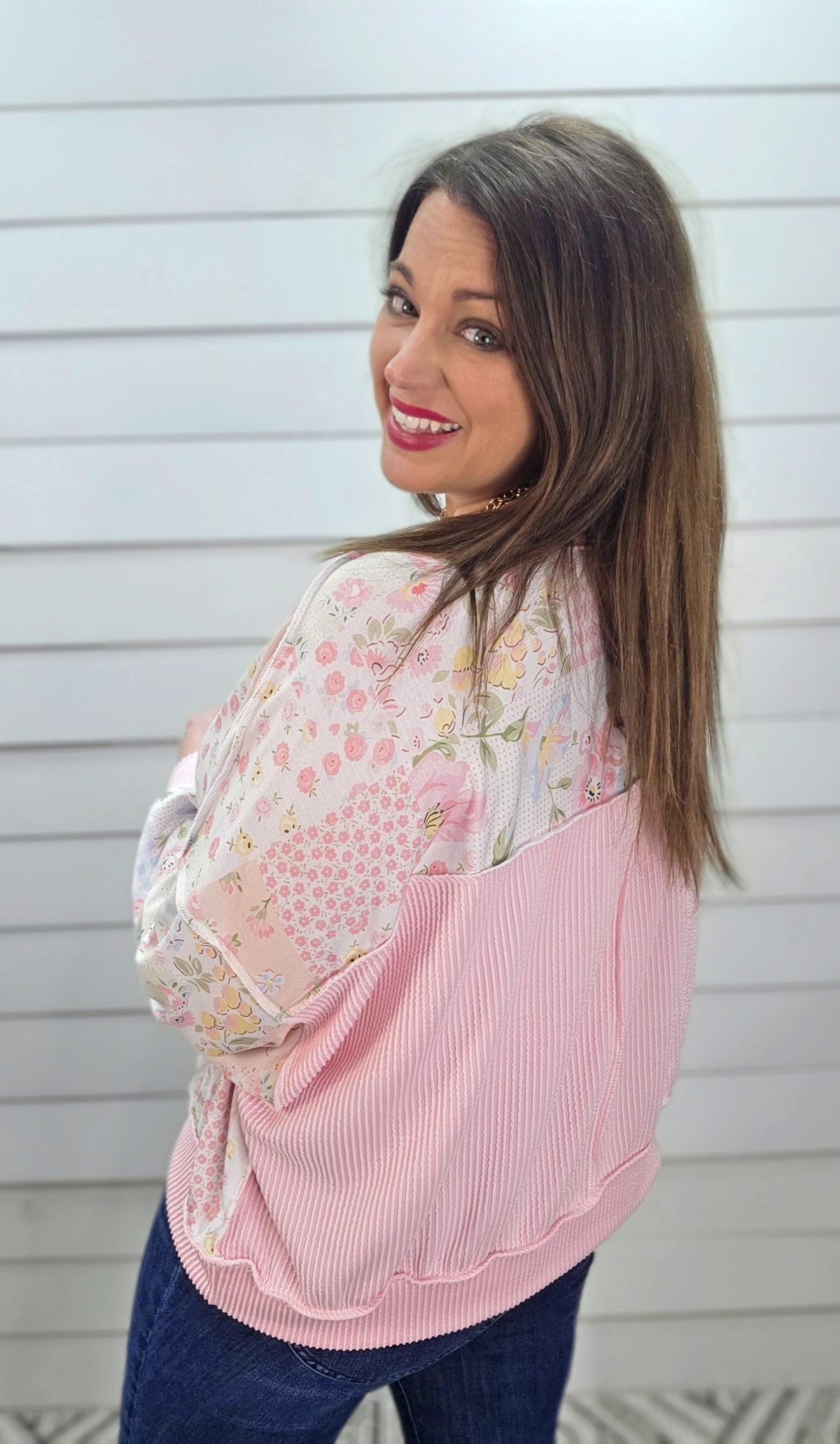 BLUSH/PINK PATCHWORK PRINTED LOOSE FIT TOP