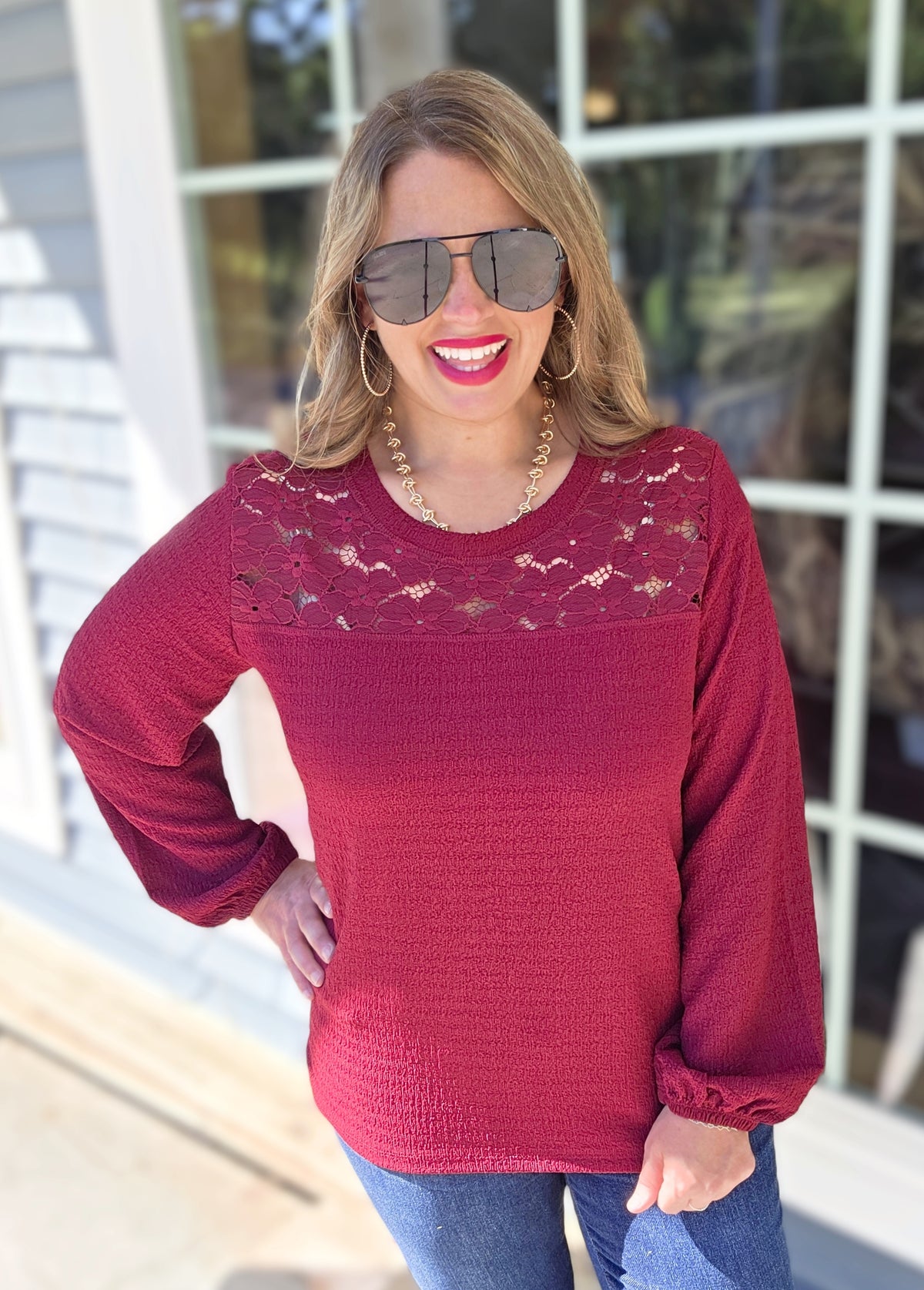 WINE TEXTURED LACE TRIM YOKE TOP