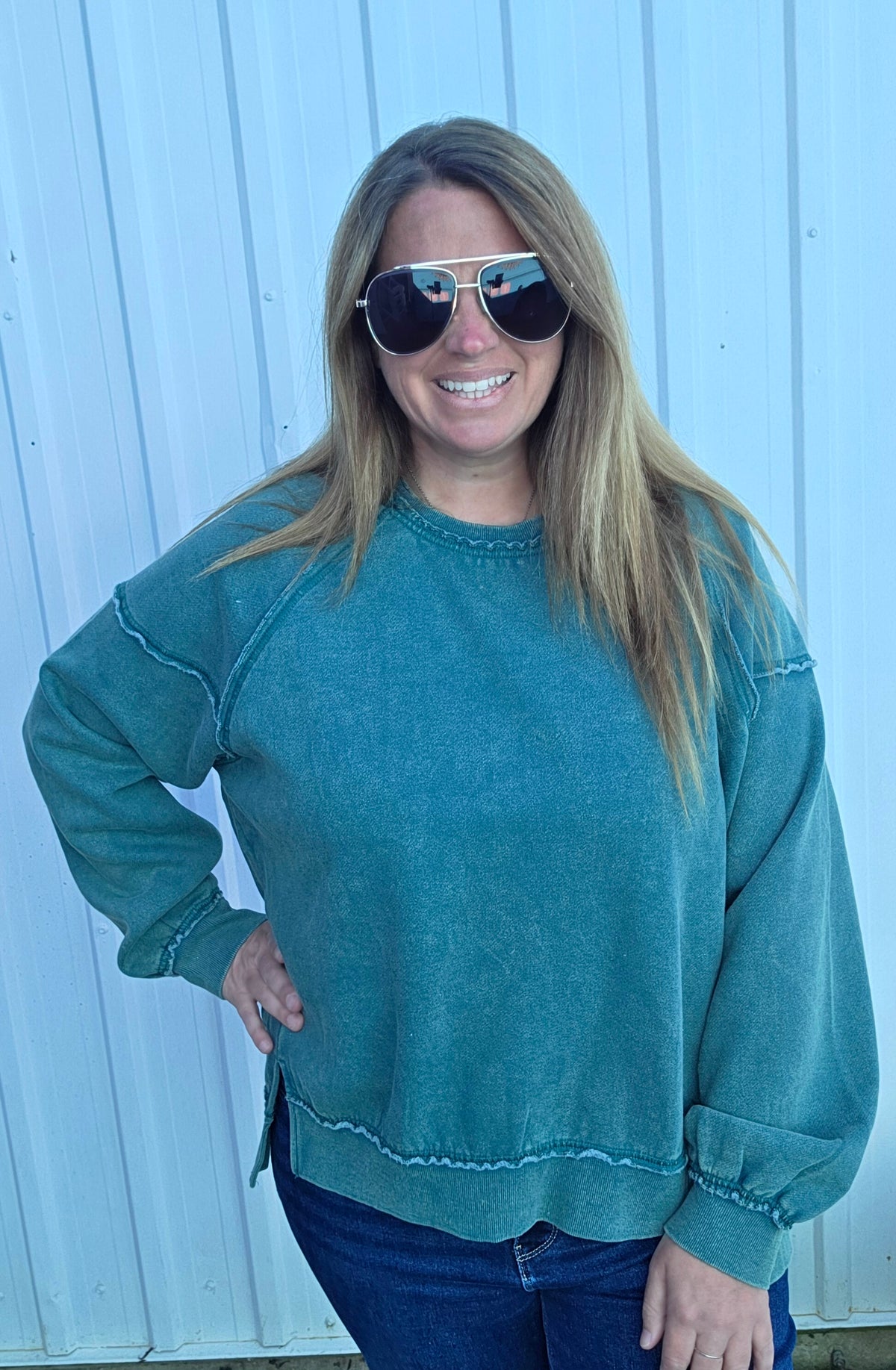 Green Mineral Wash Soft Fleeve Lined Oversized Pullover