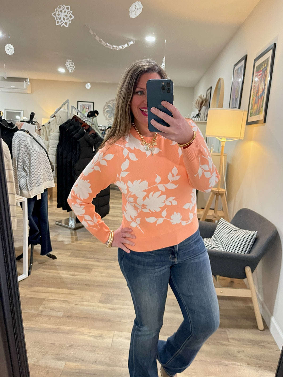 HOT CORAL FLORAL CREW NECK PULLOVER SWEATER