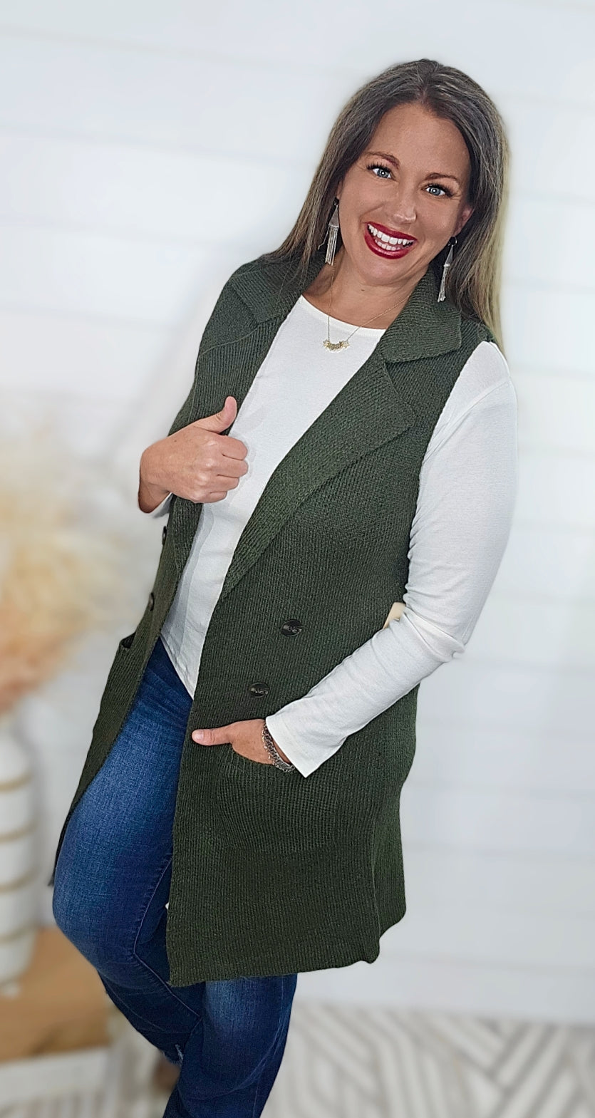 OLIVE SLEEVELESS LONG SWEATER VEST