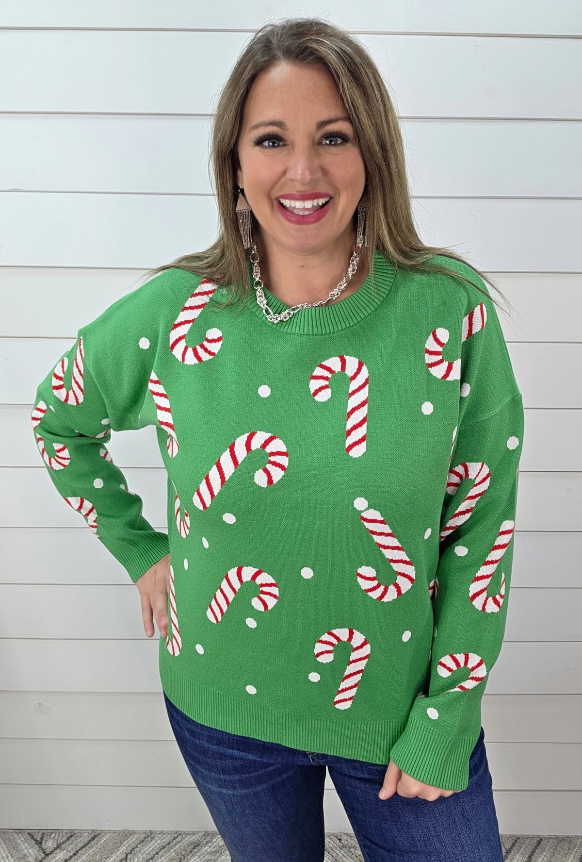 GREEN CANDY CANE SWEATER