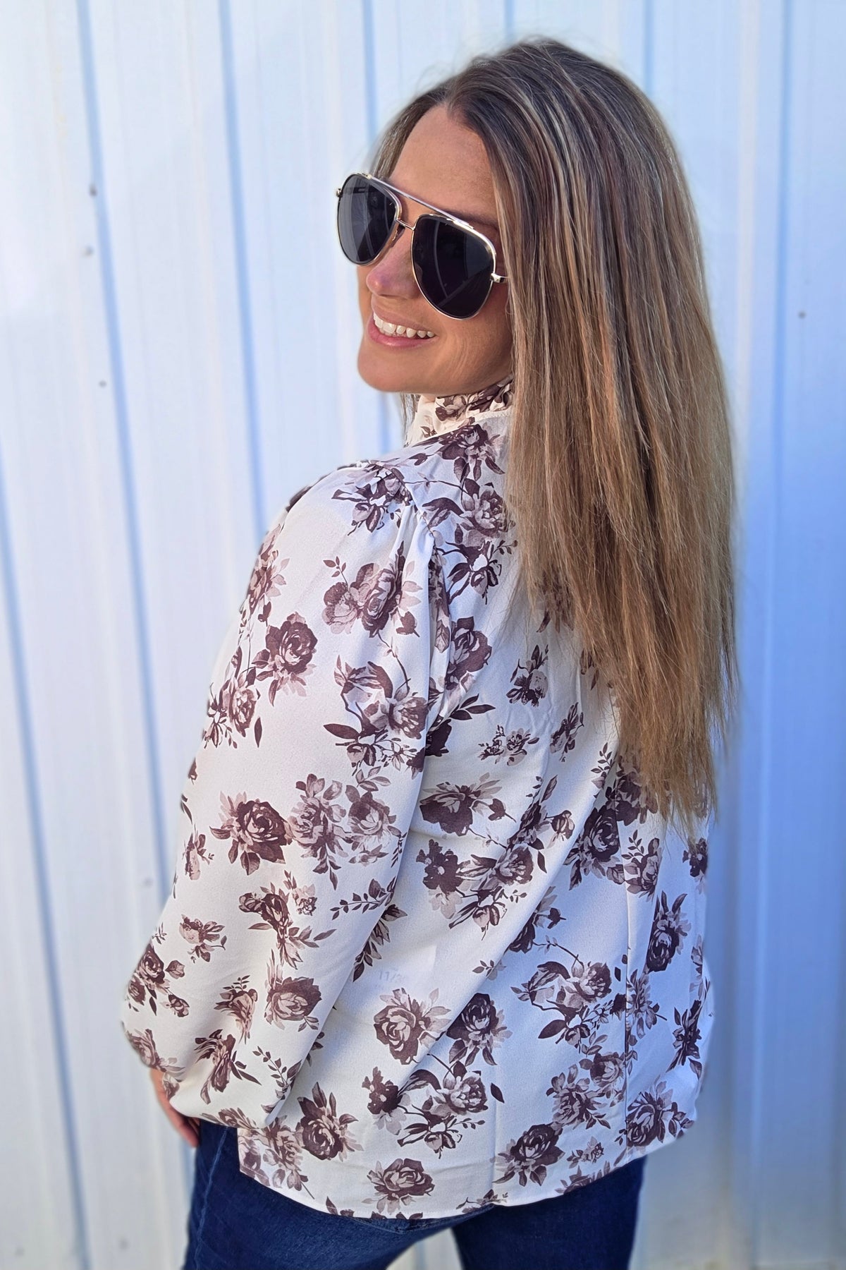 Oatmeal/Brown Frilled Notch Neck Yoke Bubble Long Sleeve Vintage Floral Print Woven Blouse