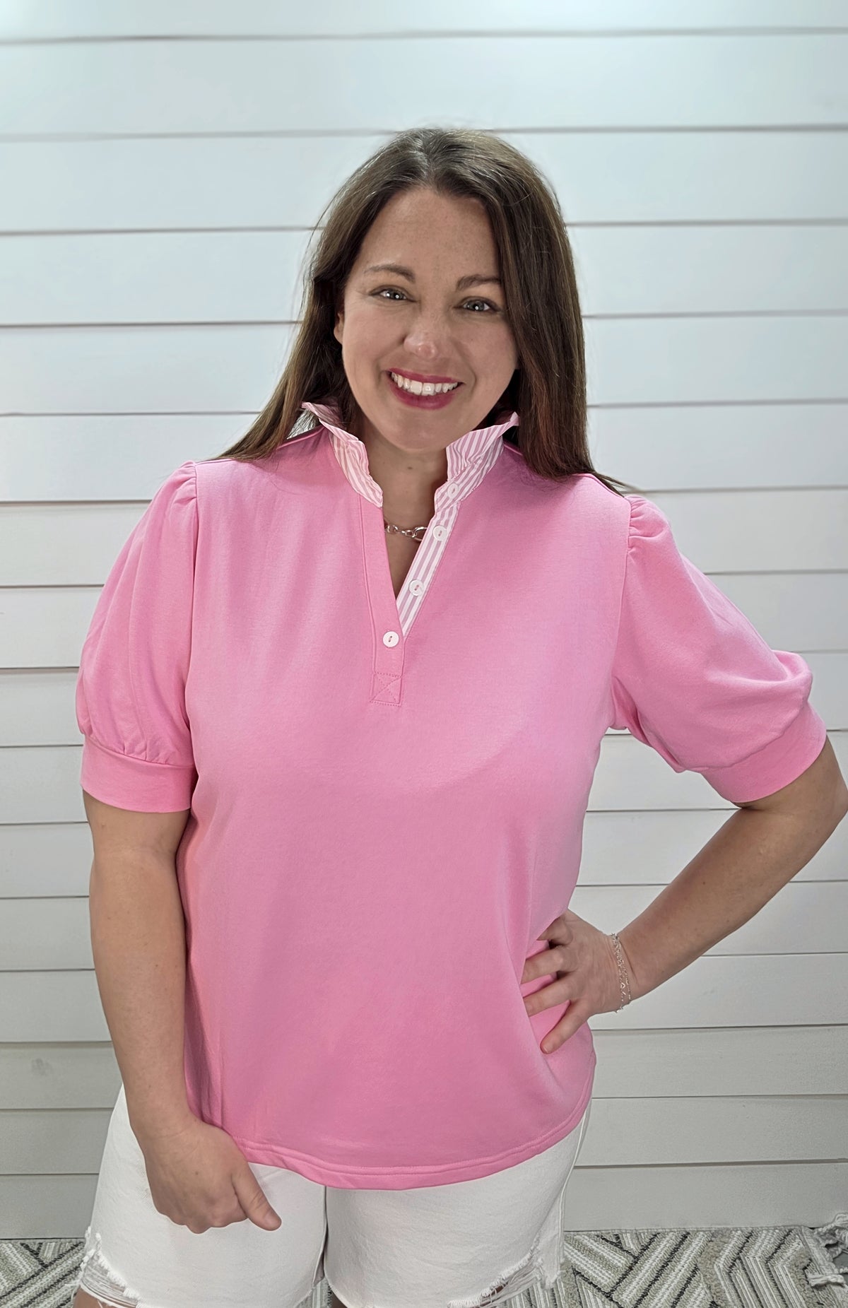PINK KNIT TOP W/ STRIPED POP FRILL COLLAR