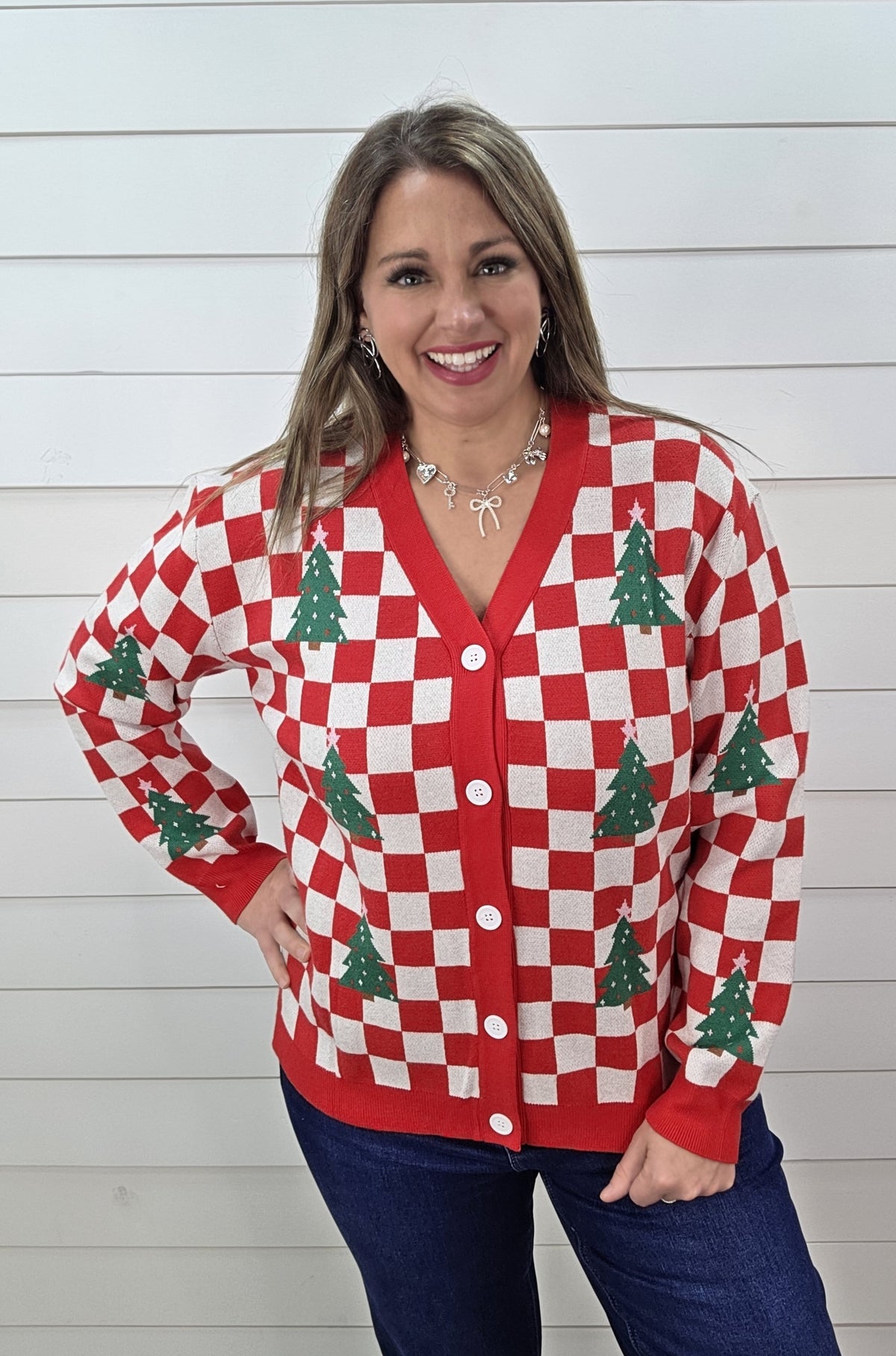 RED CHECKERED TREE BUTTON CARDIGAN SWEATER