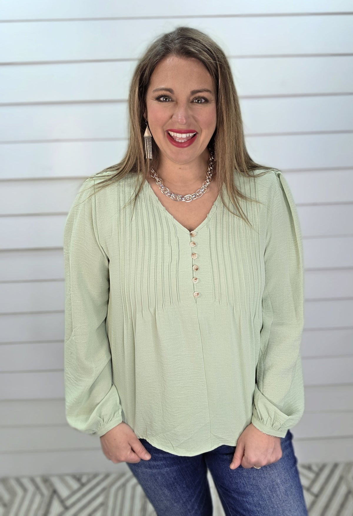 SAGE PINTUCK V NECK WOVEN TOP