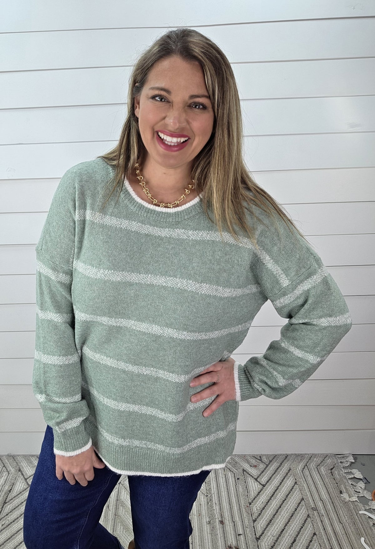 SAGE/CREAM STRIPED KNIT LIGHT WEIGHT SWEATER
